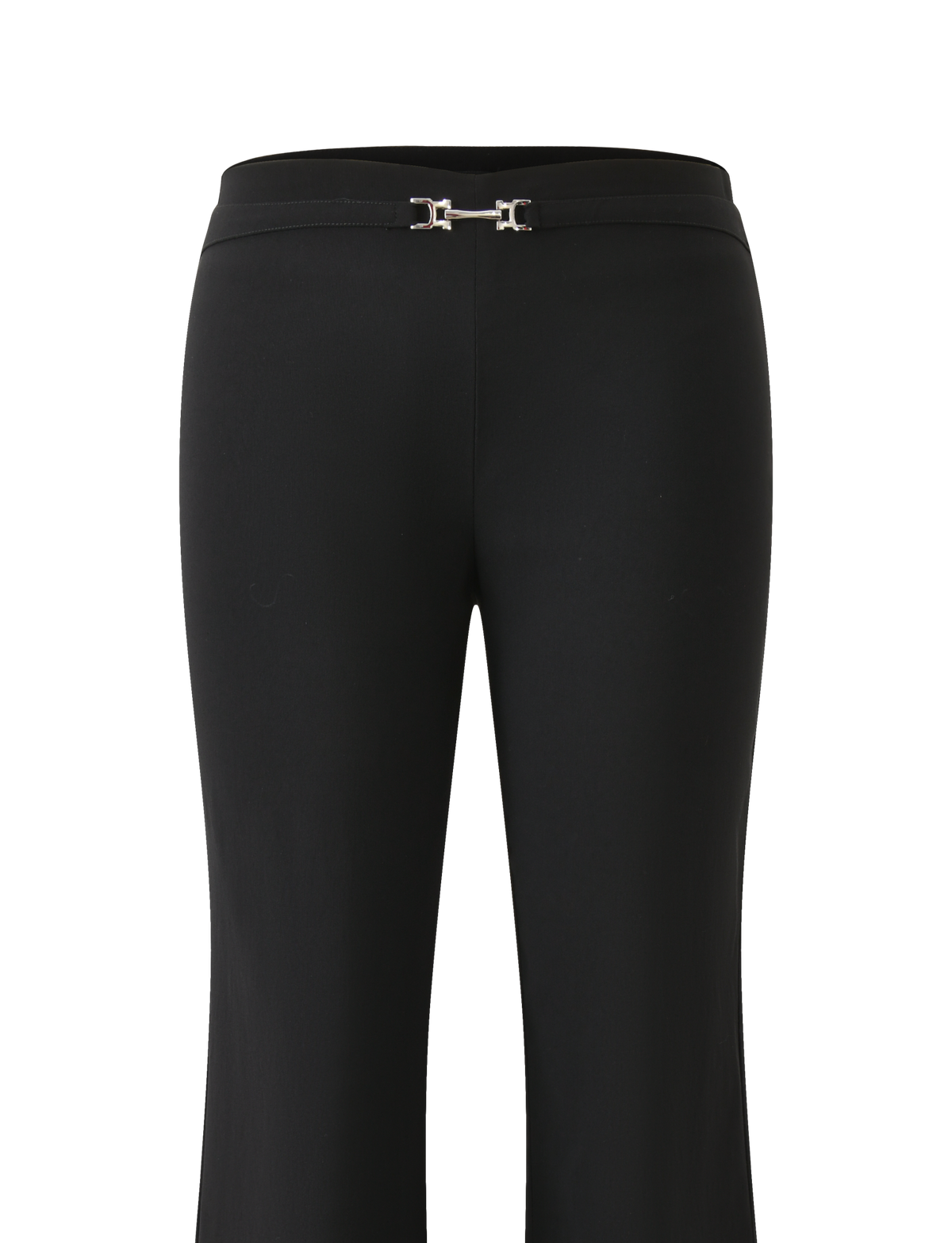 Front view of the TIGERMIST KITTIE BUCKLE PANT - BLACK, featuring a slim waistband with silver buckle, fitted silhouette, flared leg, and smooth stretch suiting fabric for comfort.