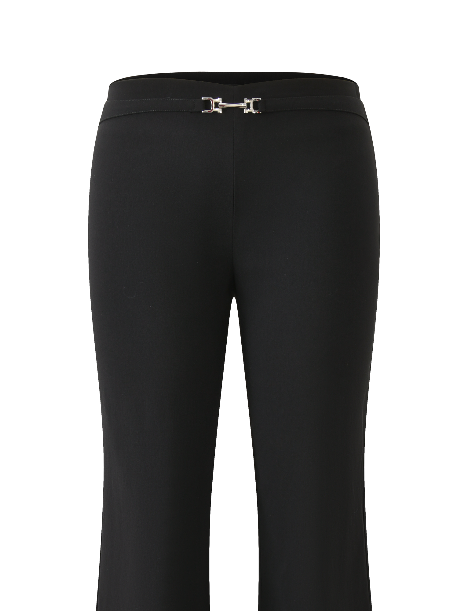 Front view of the TIGERMIST KITTIE BUCKLE PANT - BLACK, featuring a slim waistband with silver buckle, fitted silhouette, flared leg, and smooth stretch suiting fabric for comfort.