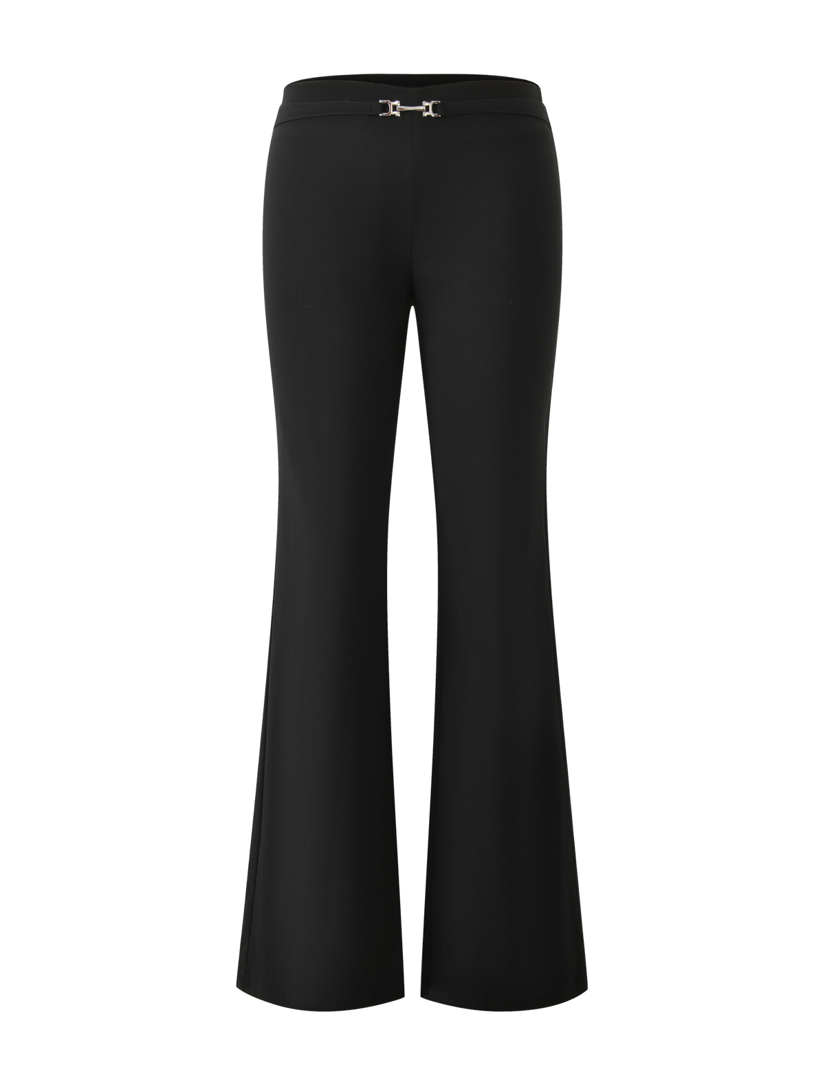 The KITTIE BUCKLE PANT - BLACK by TIGERMIST features a high-waisted flared leg in black stretch suiting, finished with a subtle silver buckle detail at the waistband, shown against a plain white background.