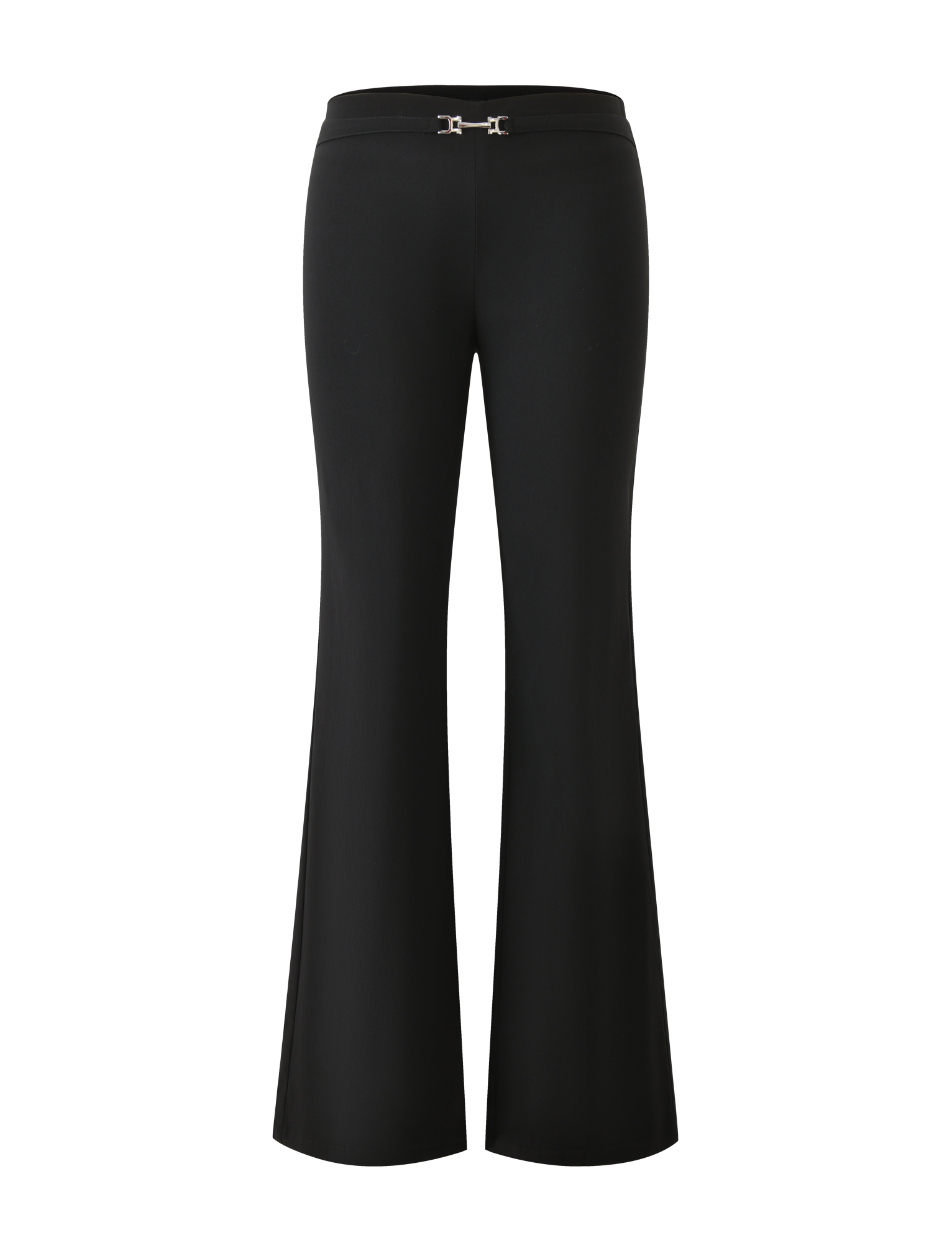 The KITTIE BUCKLE PANT - BLACK by TIGERMIST features a high-waisted flared leg in black stretch suiting, finished with a subtle silver buckle detail at the waistband, shown against a plain white background.