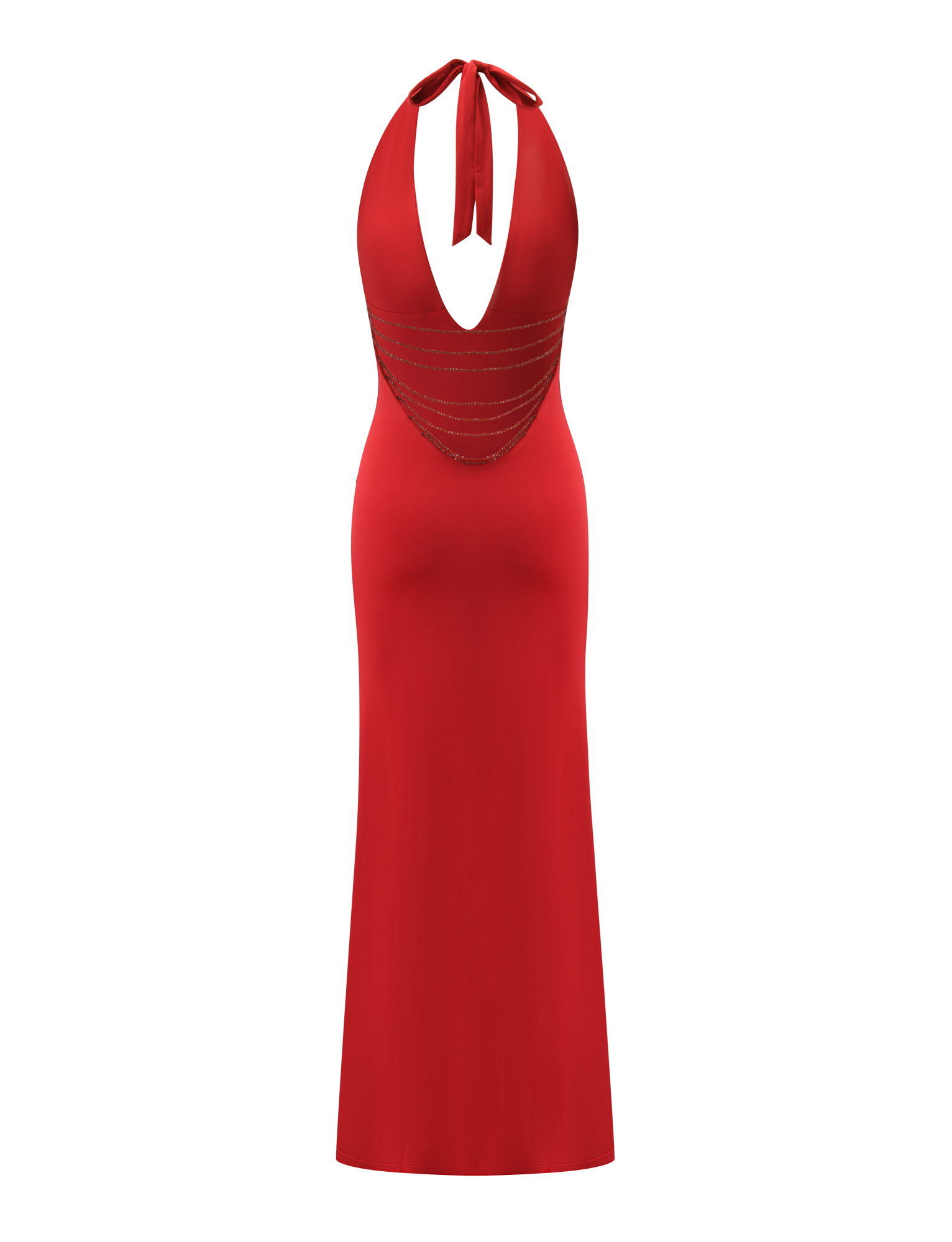 The SOLYNE MAXI DRESS by TIGERMIST features a deep red hue, halter neck tie, open back, and elegant draped beaded crystals for a striking back view.