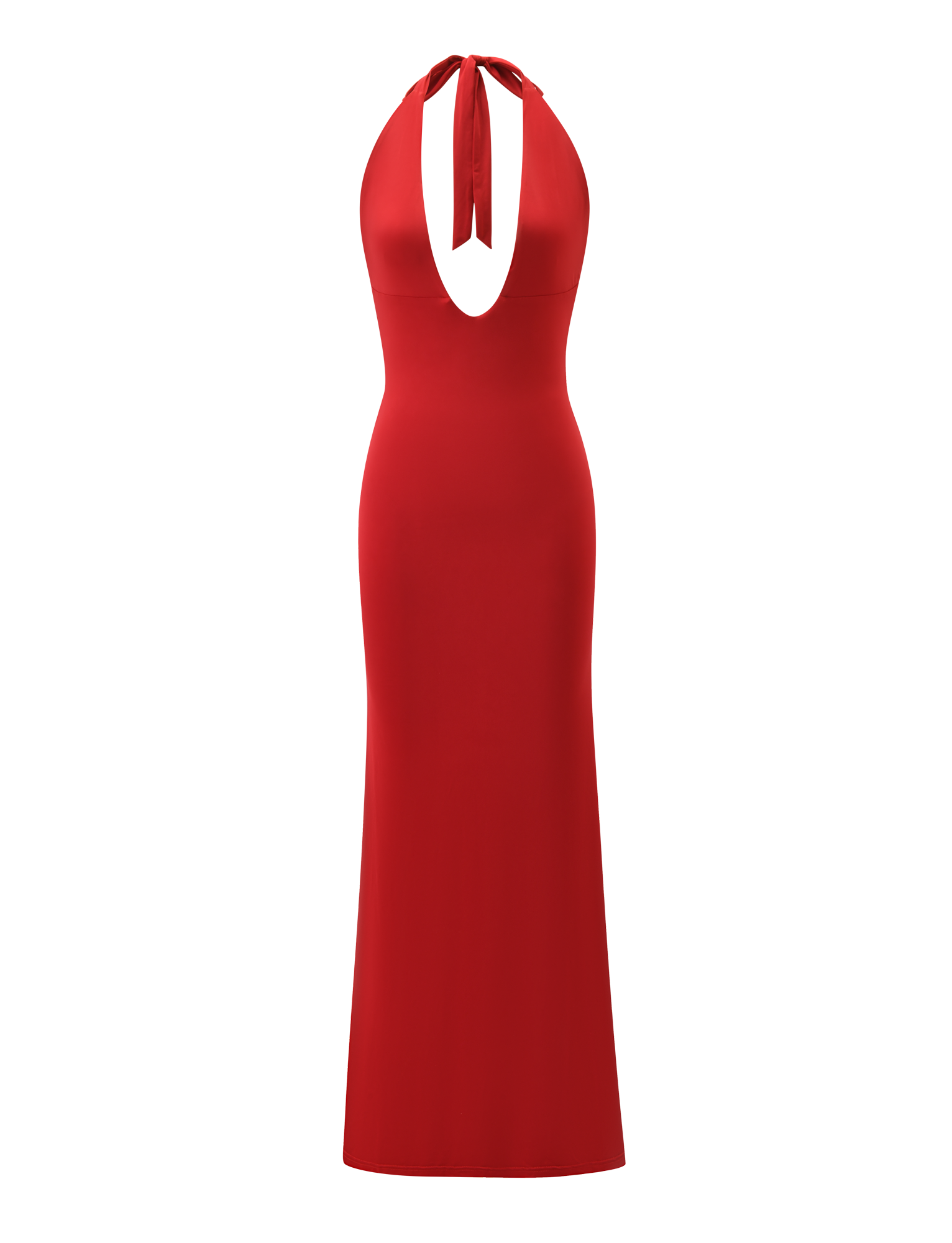 The SOLYNE MAXI DRESS by TIGERMIST features a sleeveless, deep red design with a halter neck, deep V neckline, and back tie. Fitted through the bodice and hips, it offers an elegant, eye-catching silhouette.