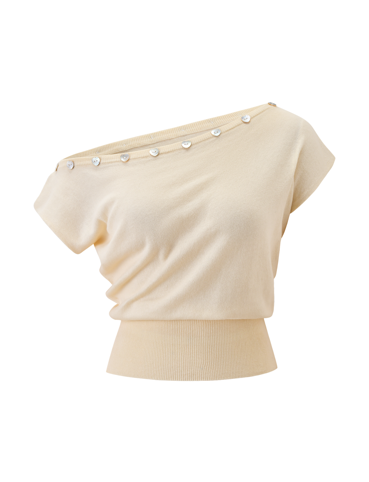 The TYLA SLEEVELESS KNIT TOP by TIGERMIST is a cream knit top with a fitted waistband and heart shell buttons along the neckline, adding a charming touch.