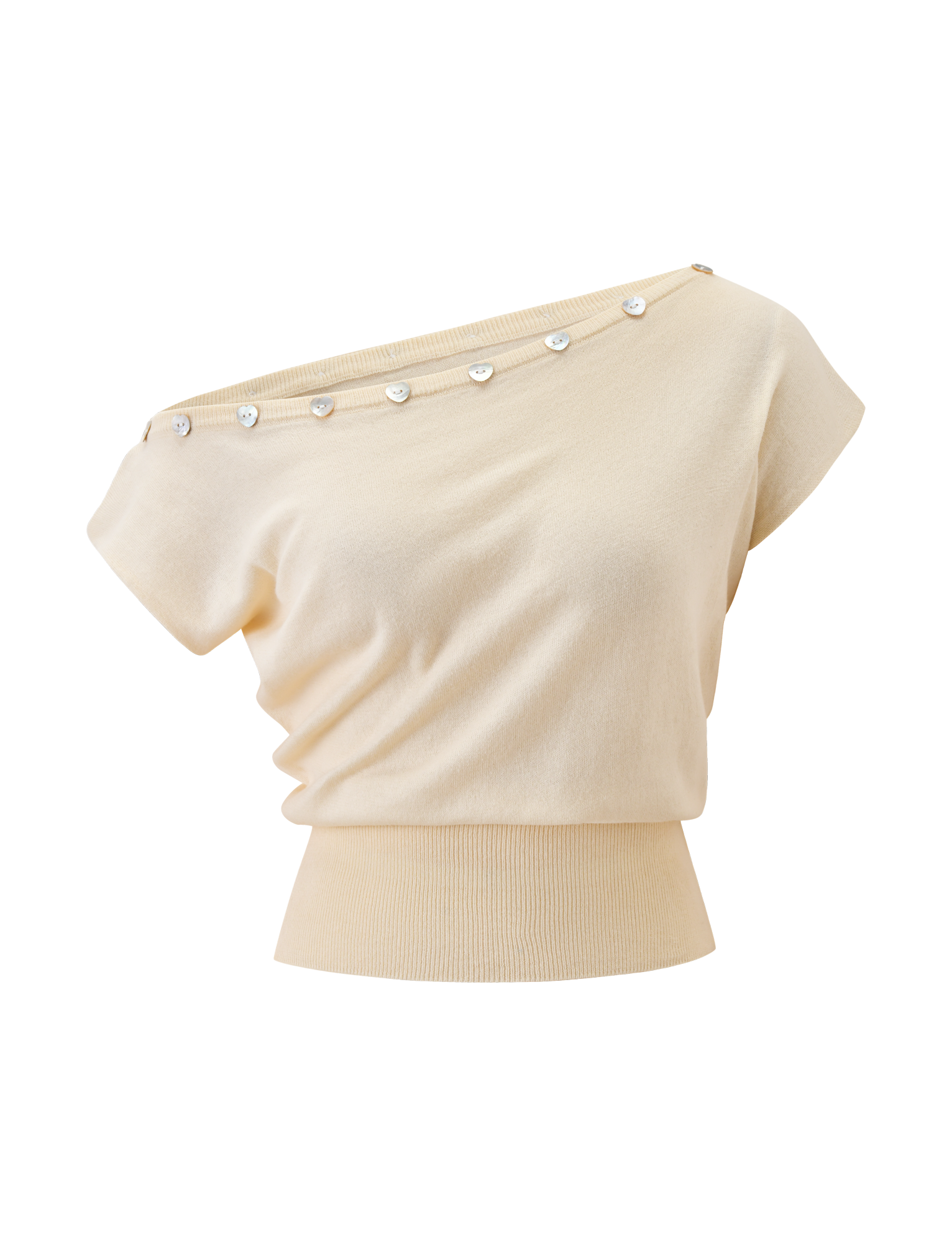 The TYLA SLEEVELESS KNIT TOP by TIGERMIST is a cream knit top with a fitted waistband and heart shell buttons along the neckline, adding a charming touch.