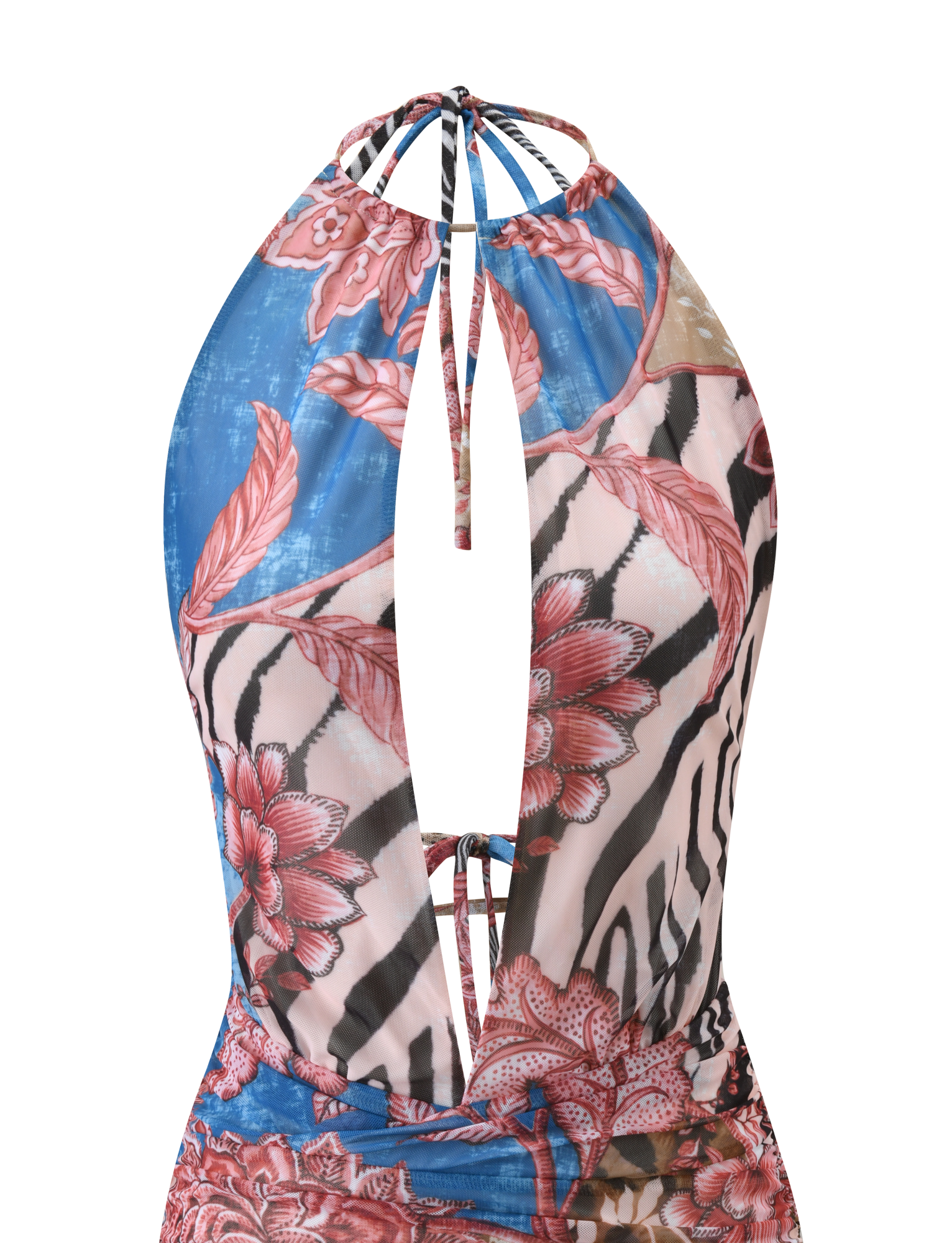 A close-up of the TIGERMIST EVANNA DRESS 2.0 - GLOBAL ANIMAL FLORAL, featuring a bold pink, blue, and beige floral-zebra pattern, keyhole front cutout, and tie straps at the neck and back—reminiscent of a chic mini dress.