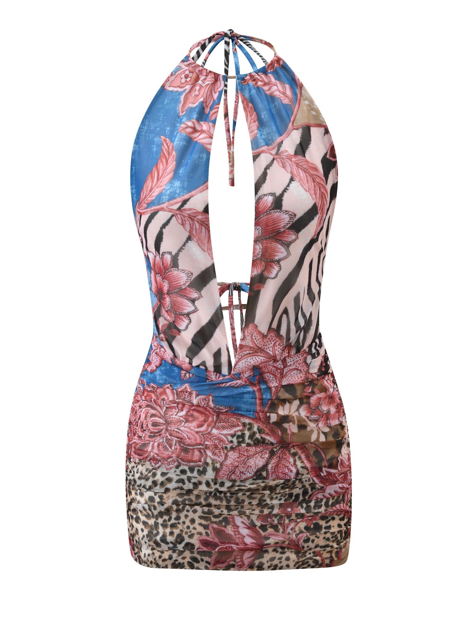 The EVANNA DRESS 2.0 - GLOBAL ANIMAL FLORAL by TIGERMIST is a sleeveless mini dress with a halter neckline, open back, and ruched skirt, featuring blue, pink, brown, and beige animal and floral abstract patterns.