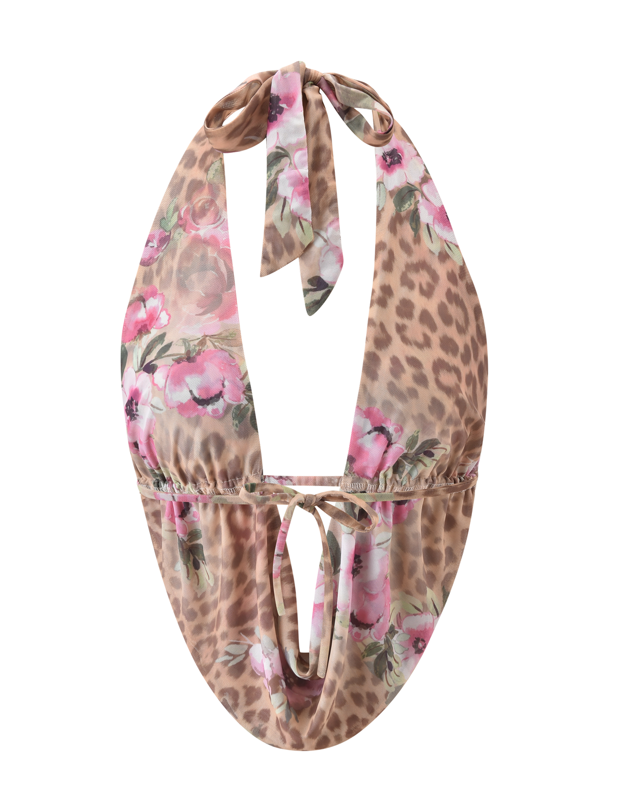 The RISA TOP - LEOPARD FLORAL by TIGERMIST is a sheer mesh halter bikini top with a plunging cowl neckline, leopard floral print, and adjustable ties at the neck and back for a breezy, stylish fit.