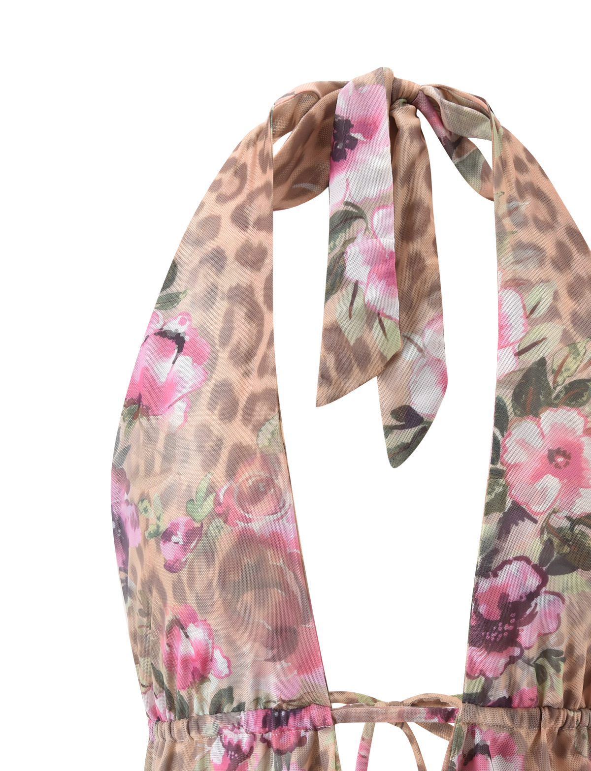 The RISA TOP - LEOPARD FLORAL by TIGERMIST is a mesh halter top with pink floral and brown leopard print, a tie neckline, and keyhole opening.