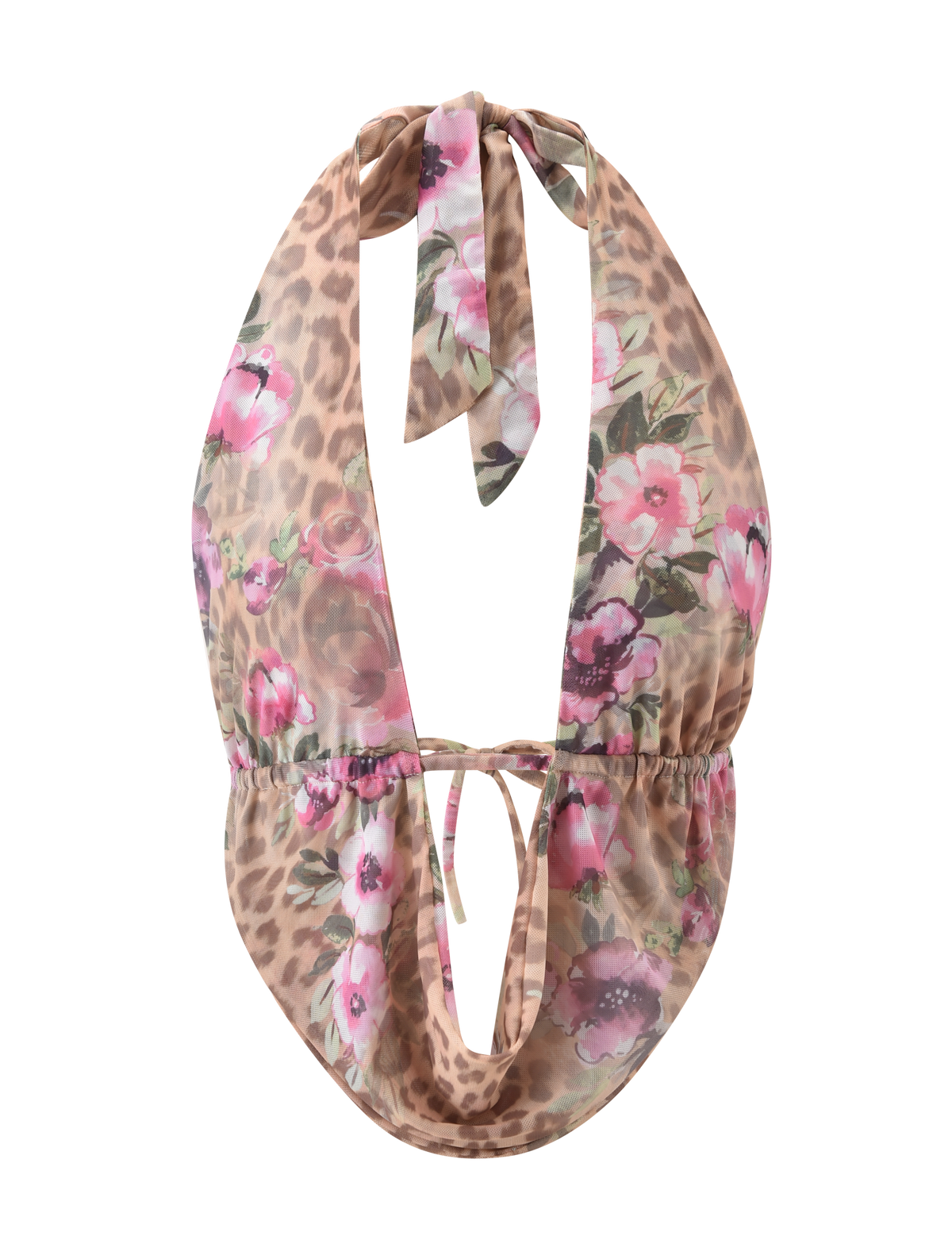The RISA TOP - LEOPARD FLORAL by TIGERMIST is a mesh halter with a leopard floral print, plunging cowl neckline, backless design, and neck and back ties for a bold, stylish look.