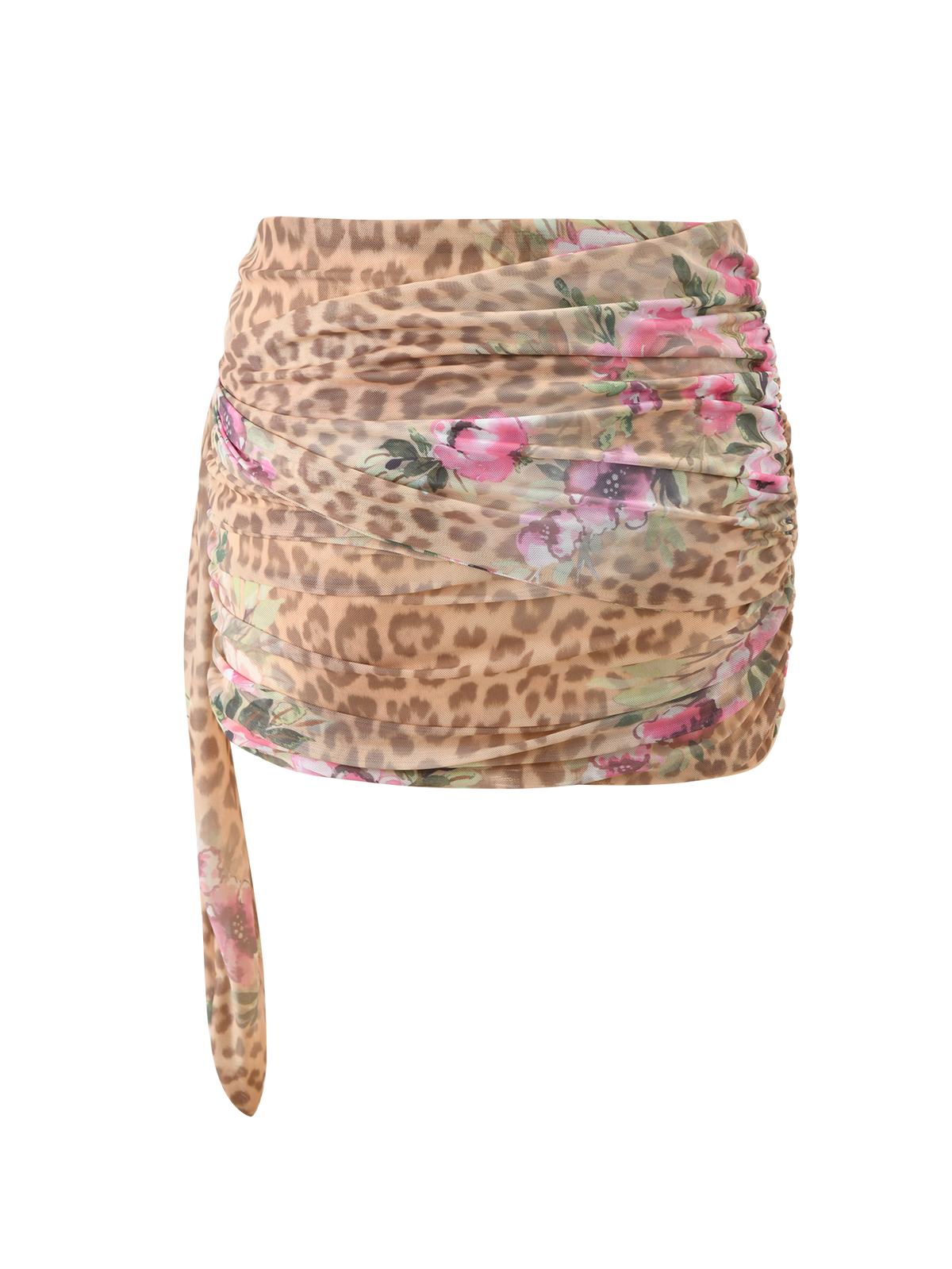 The RISA MINI SKIRT - LEOPARD FLORAL by TIGERMIST features a pink floral leopard print on mesh, with ruched detail and a side tie, shown against a white background.