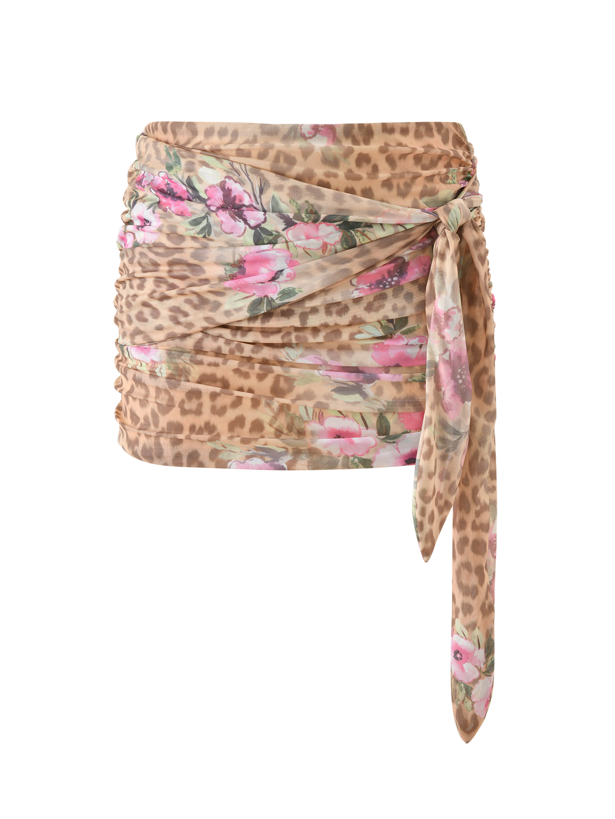 The RISA MINI SKIRT - LEOPARD FLORAL by TIGERMIST is a lightweight, semi-sheer mesh mini skirt with a brown leopard floral print, pink floral accents, ruching, and a side tie for an effortlessly chic look.