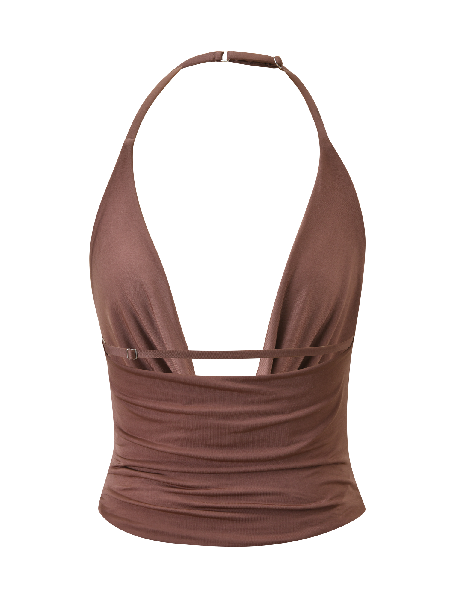 The TIGERMIST THARA TOP - CHOCOLATE features a silky soft cowl neck, deep V-neckline, thin halter straps, fitted ruched bodice, and a modern horizontal chest strap.