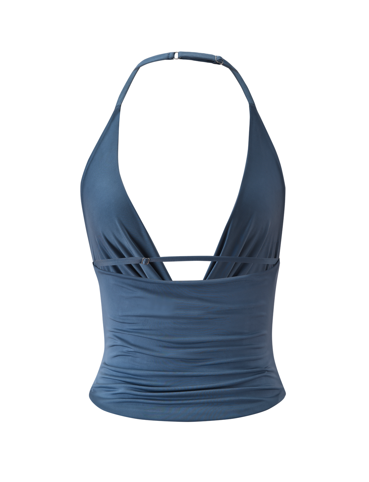 The TIGERMIST THARA TOP in slate blue features a cowl neck halter design with a deep V neckline, strappy open back, fitted ruched waist, and a thin horizontal strap below the bust for added detail.