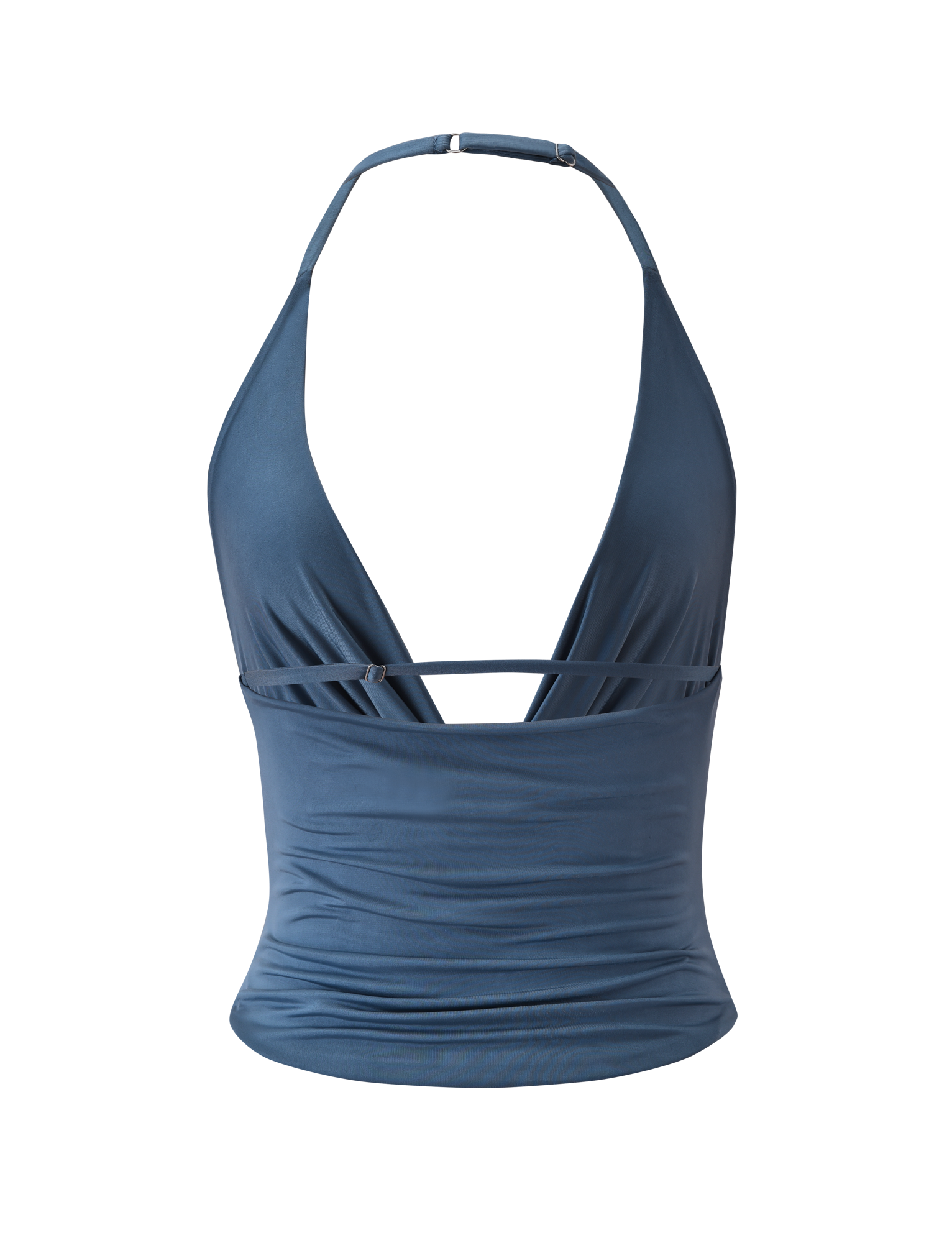 The TIGERMIST THARA TOP in slate blue features a cowl neck halter design with a deep V neckline, strappy open back, fitted ruched waist, and a thin horizontal strap below the bust for added detail.