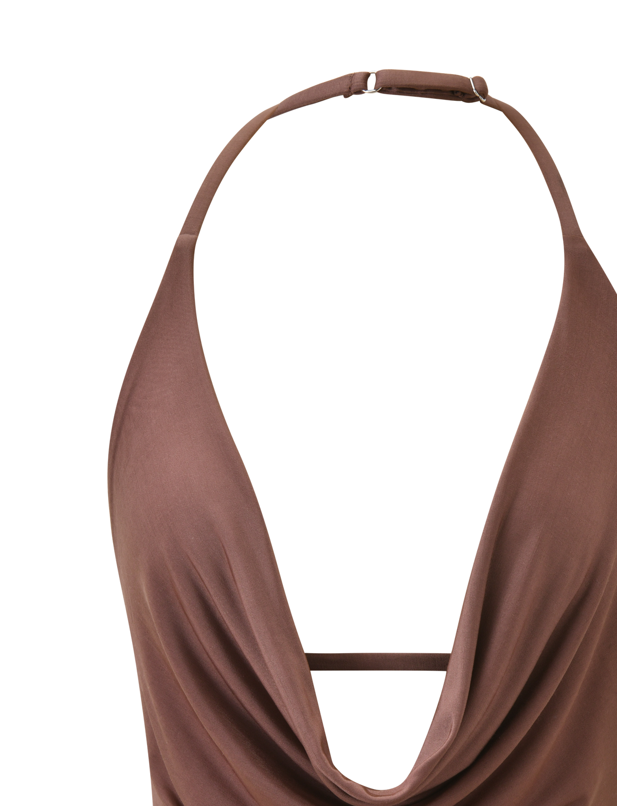 A close-up of the TIGERMIST THARA TOP - CHOCOLATE, a silky-soft brown halter neck top with a draped cowl neckline and adjustable neck strap, shown against a white background.