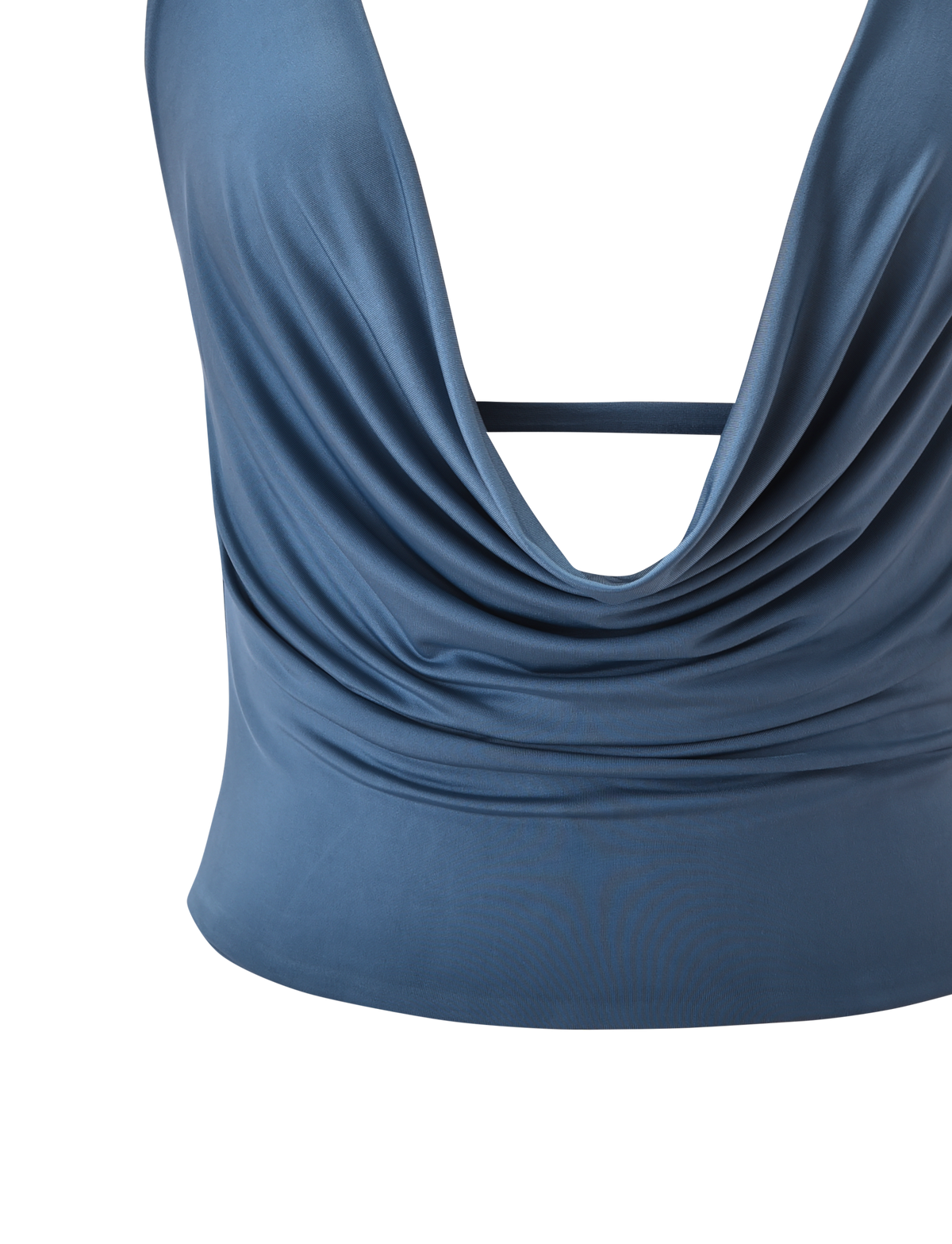 A close-up of the TIGERMIST THARA TOP in slate blue, showcasing its draped cowl neck halter design and fitted waist, set against a plain white background.
