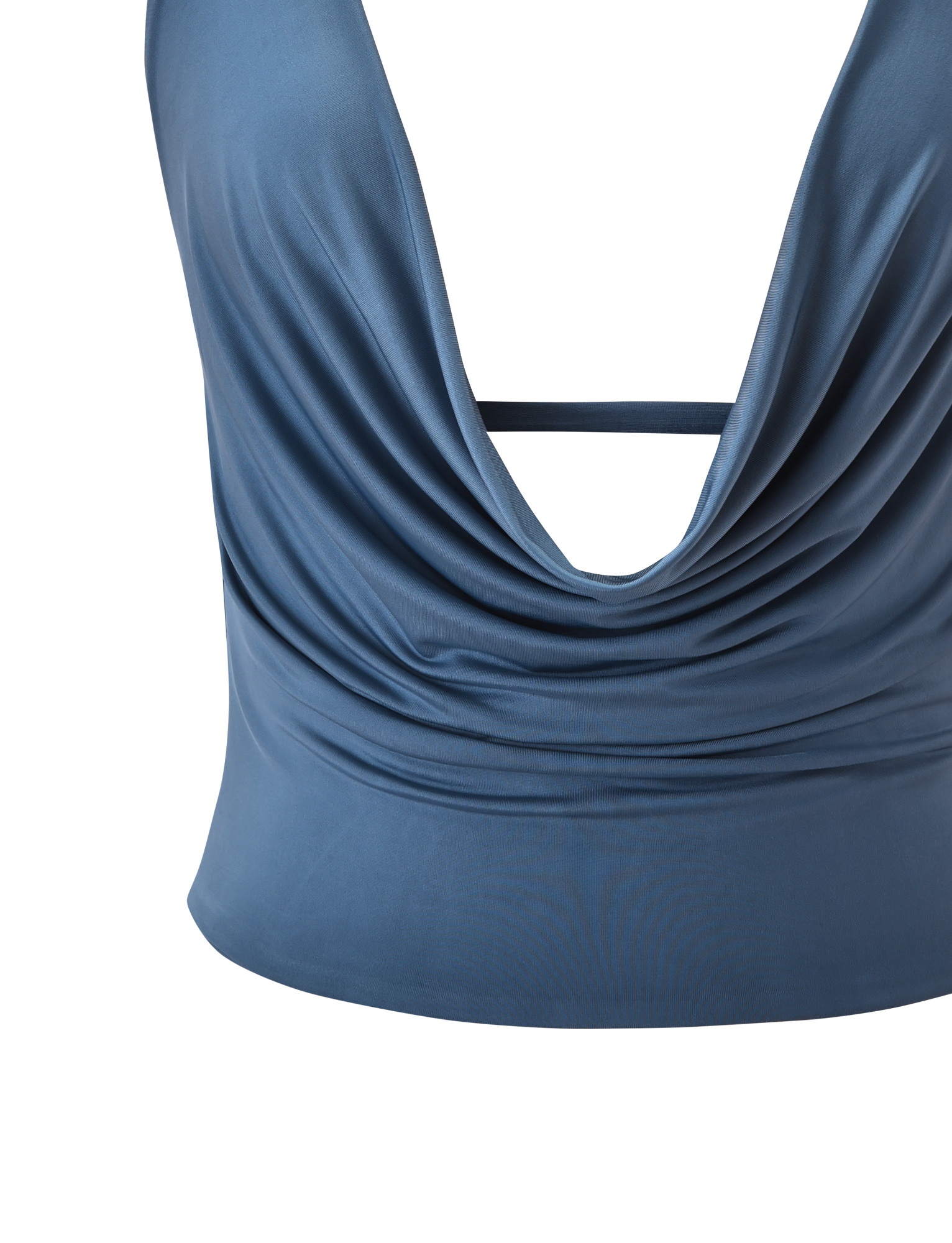 A close-up of the TIGERMIST THARA TOP in slate blue, showcasing its draped cowl neck halter design and fitted waist, set against a plain white background.