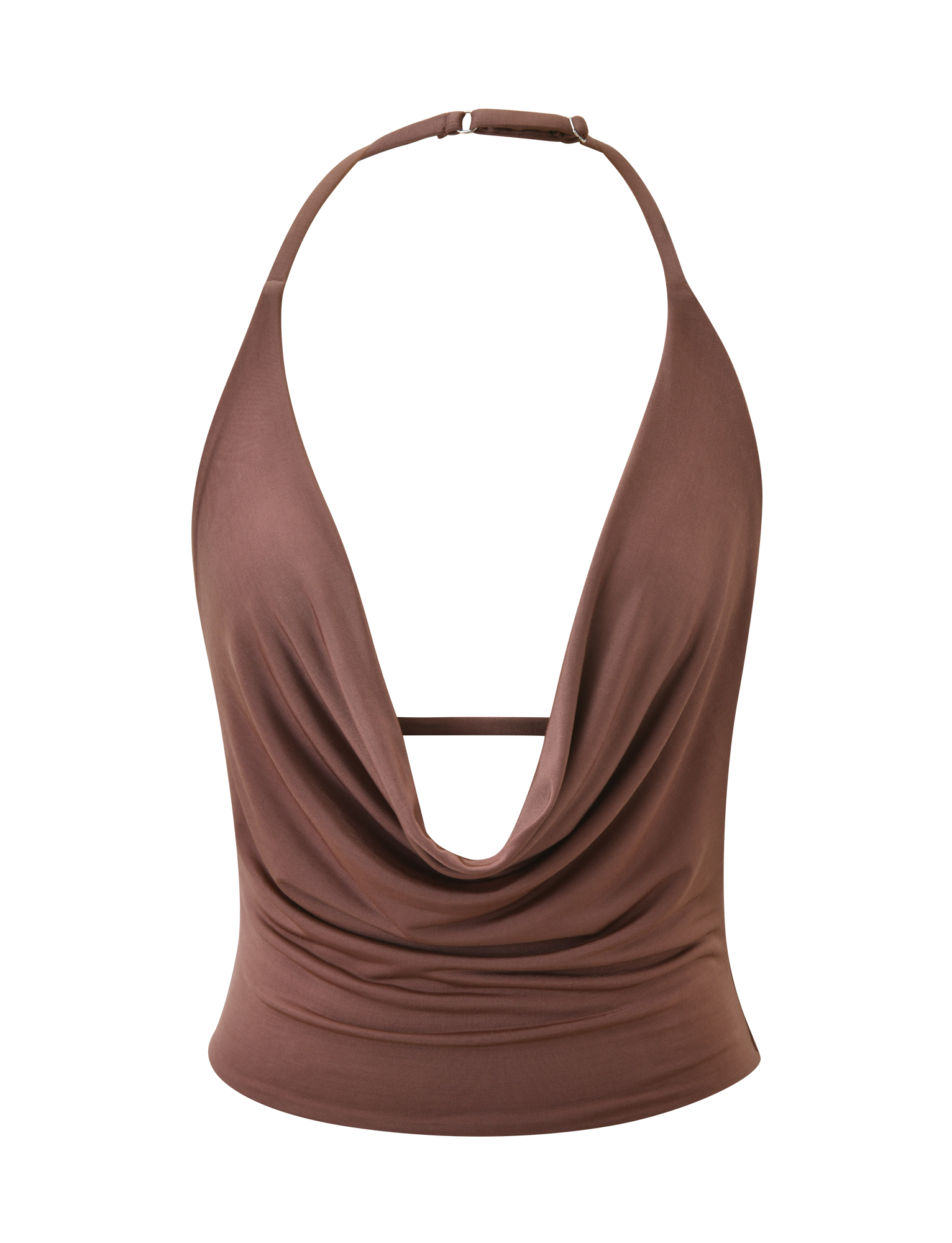 The THARA TOP - CHOCOLATE by TIGERMIST is a sleeveless, silky-soft brown halter top with a deep cowl neckline and adjustable neck strap, made from smooth, stretchy fabric. Shown on a plain white background.