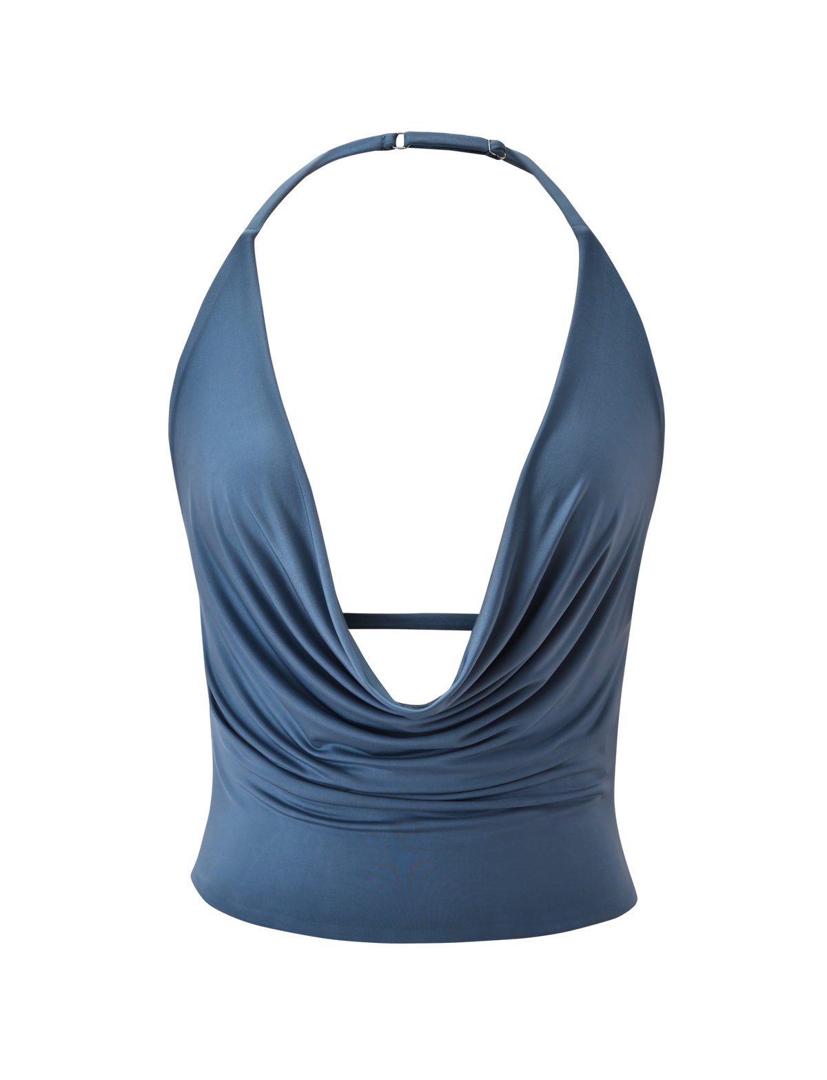 The TIGERMIST THARA TOP in Slate Blue features a cowl neck halter style with a strappy open back, deep draped neckline, and a thin adjustable neck strap, shown against a white background.