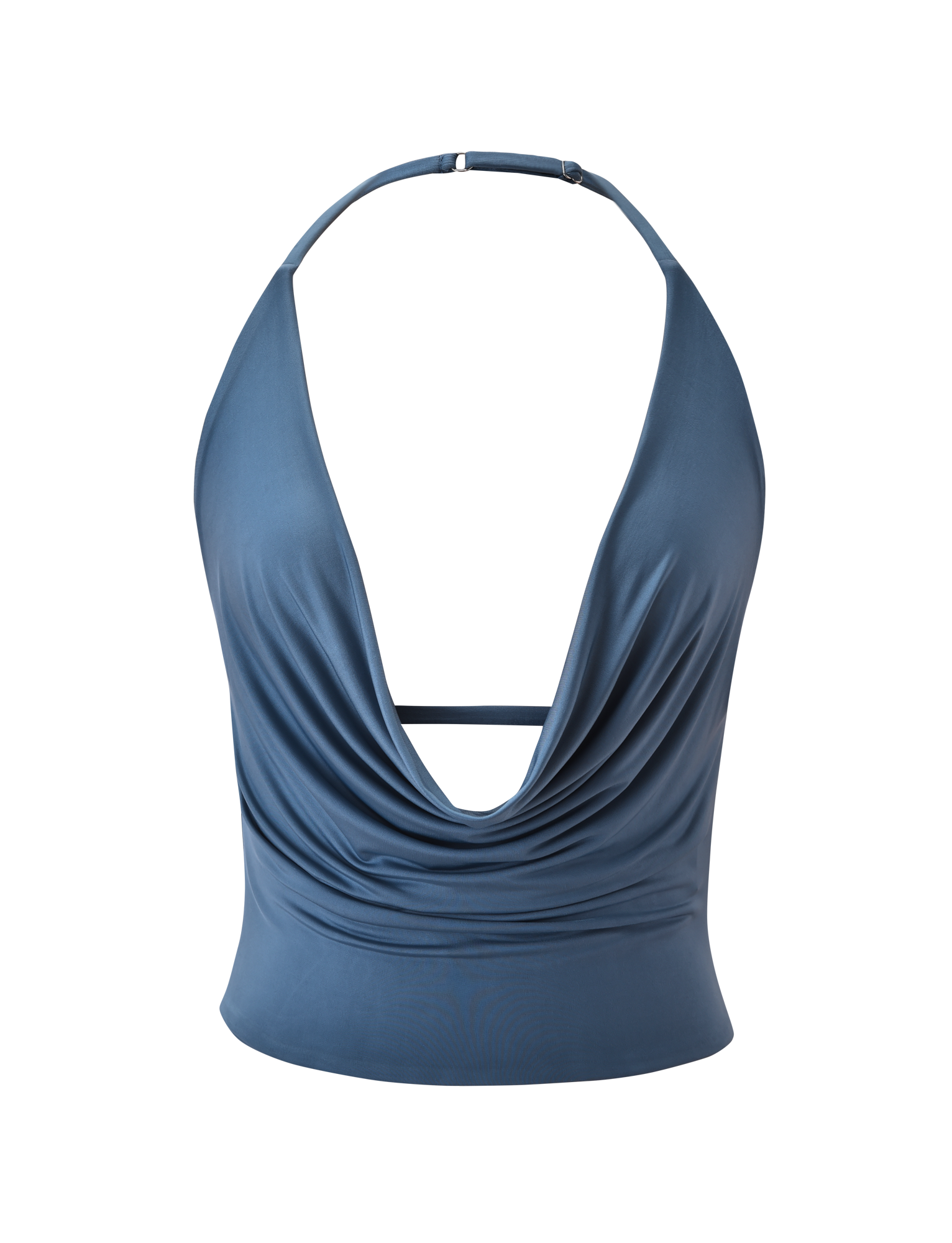 The TIGERMIST THARA TOP in Slate Blue features a cowl neck halter style with a strappy open back, deep draped neckline, and a thin adjustable neck strap, shown against a white background.