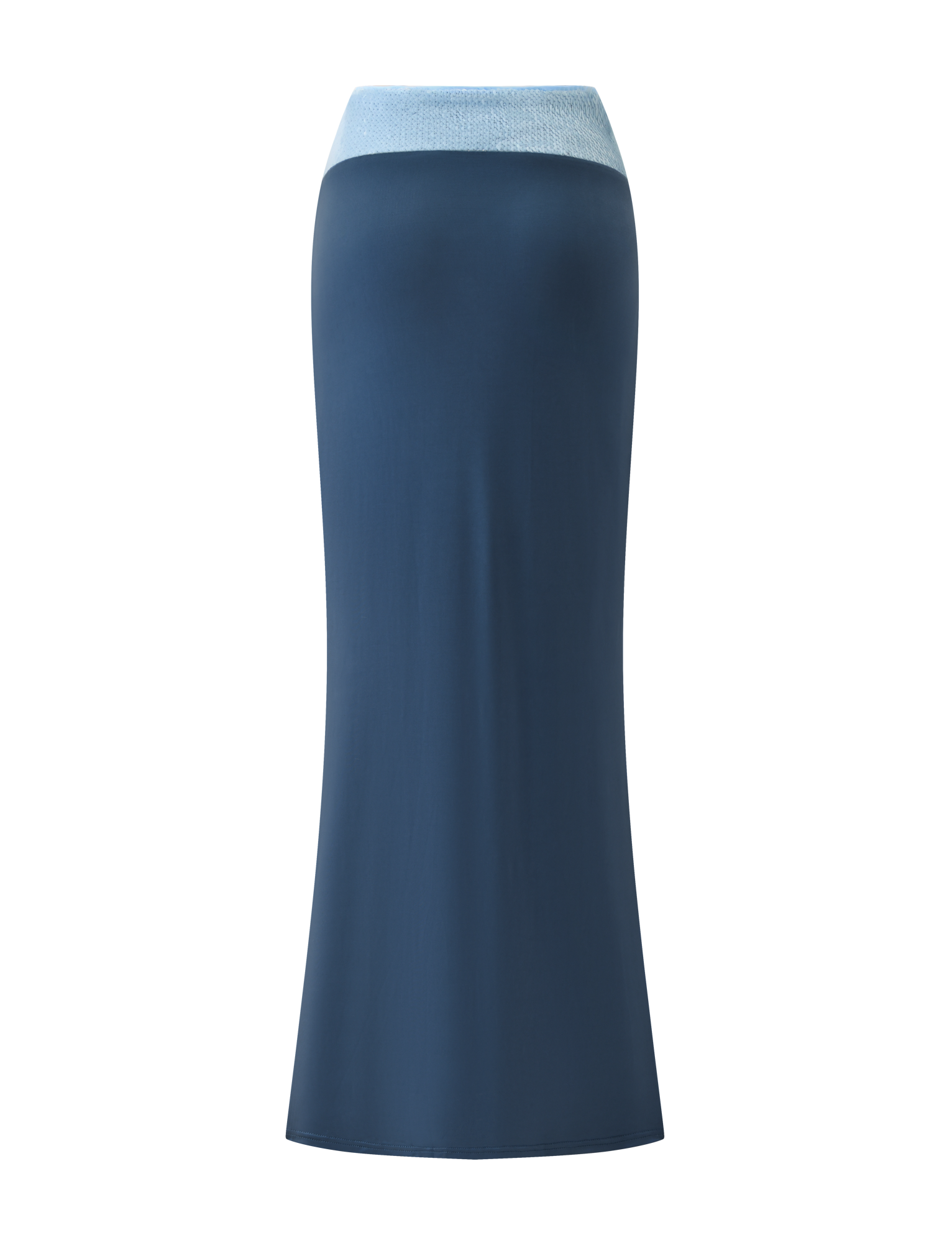 The TIGERMIST THARA MAXI SKIRT in slate blue is a long, high-waisted skirt with a wide light blue waistband, shown against a plain white background.