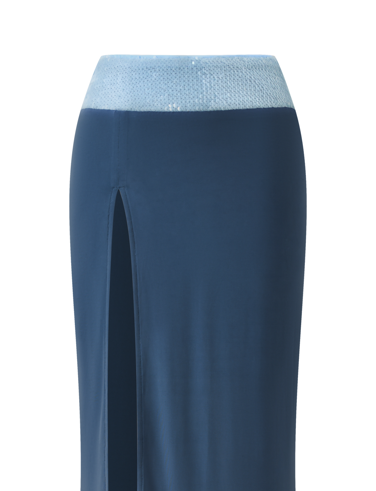 The TIGERMIST THARA MAXI SKIRT in slate blue features a high side slit and a light blue sequin waistband, shown against a white background.