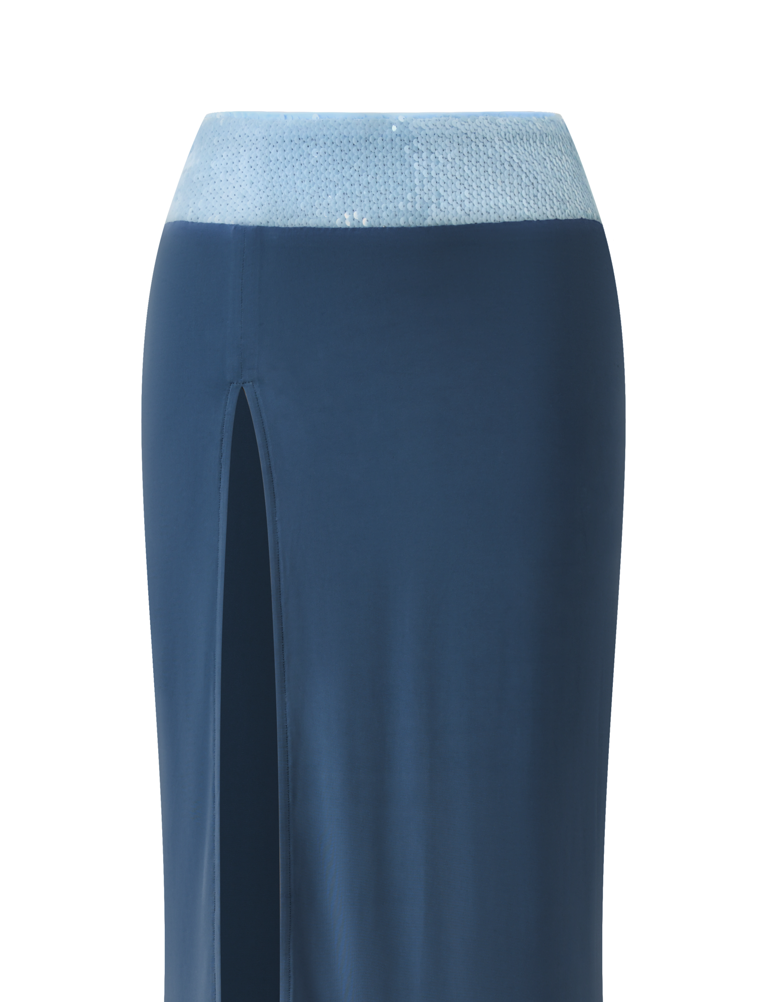 The TIGERMIST THARA MAXI SKIRT in slate blue features a high side slit and a light blue sequin waistband, shown against a white background.