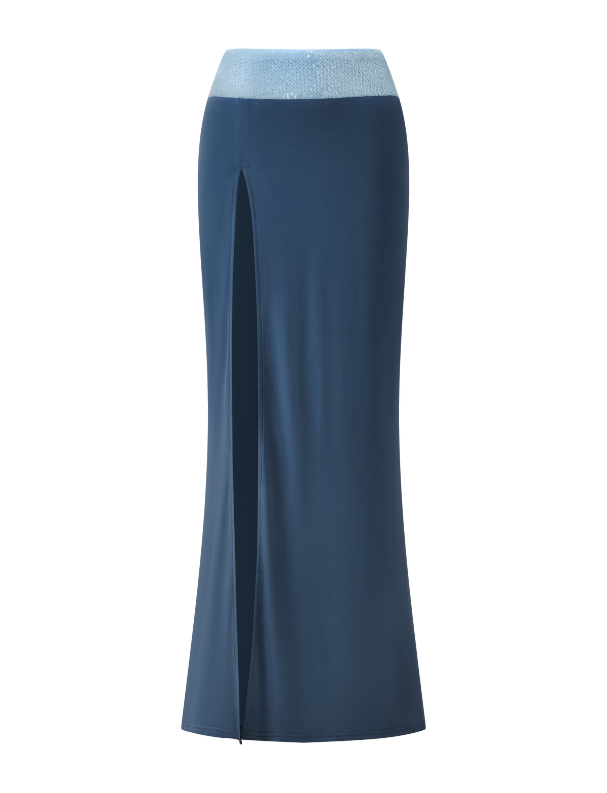 The TIGERMIST THARA MAXI SKIRT in slate blue is a long, fitted skirt with a high side slit, shimmering sequin waistband, sleek texture, and minimalist design.
