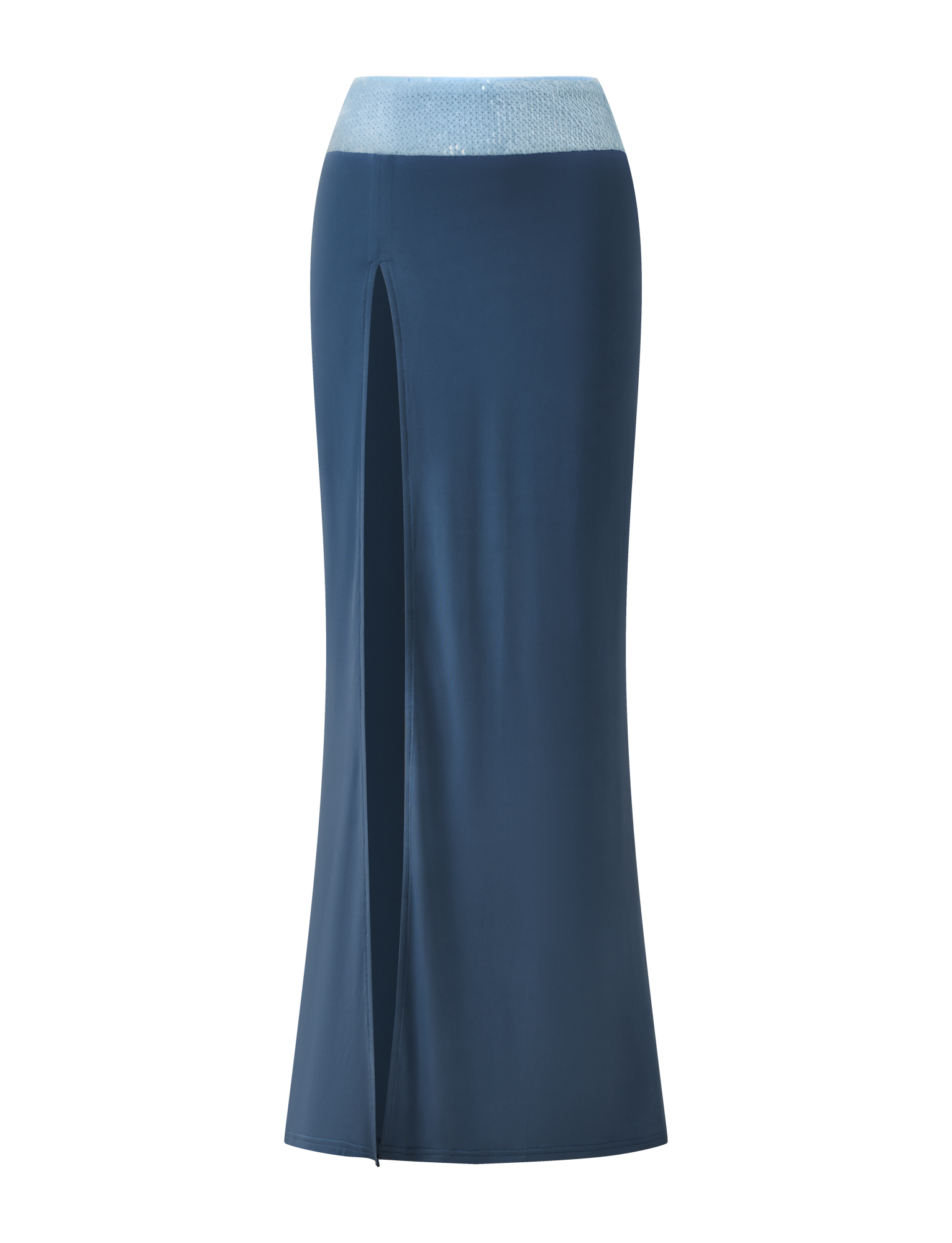 The TIGERMIST THARA MAXI SKIRT in slate blue is a long, fitted skirt with a high side slit, shimmering sequin waistband, sleek texture, and minimalist design.