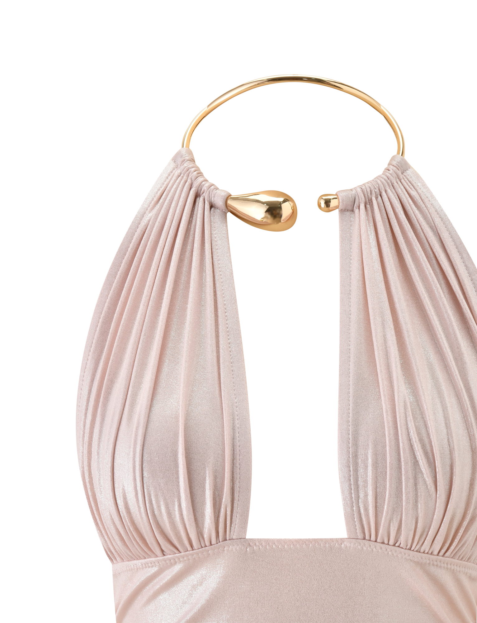 A close-up of the TIGERMIST VIANNA TOP in baby pink, a shimmery metallic halter with a gathered neckline held by a thick gold hoop with teardrop detail, set against a plain white background.