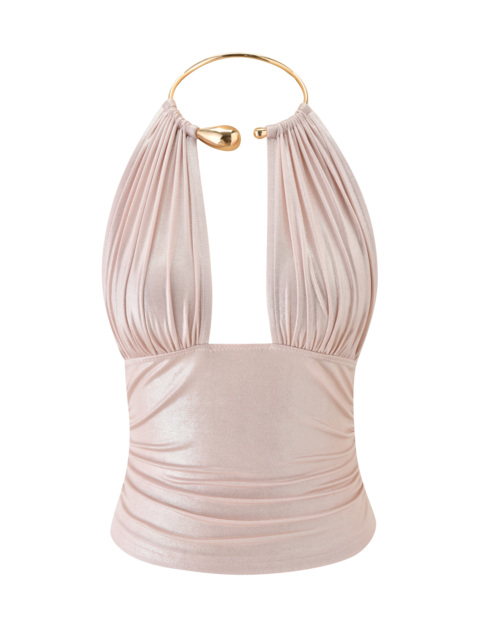 The VIANNA TOP - BABY PINK by TIGERMIST features a shimmery metallic finish, plunging neckline, ruched design, cinched waist, and gold metal neck ring closure, shown on a plain white background.