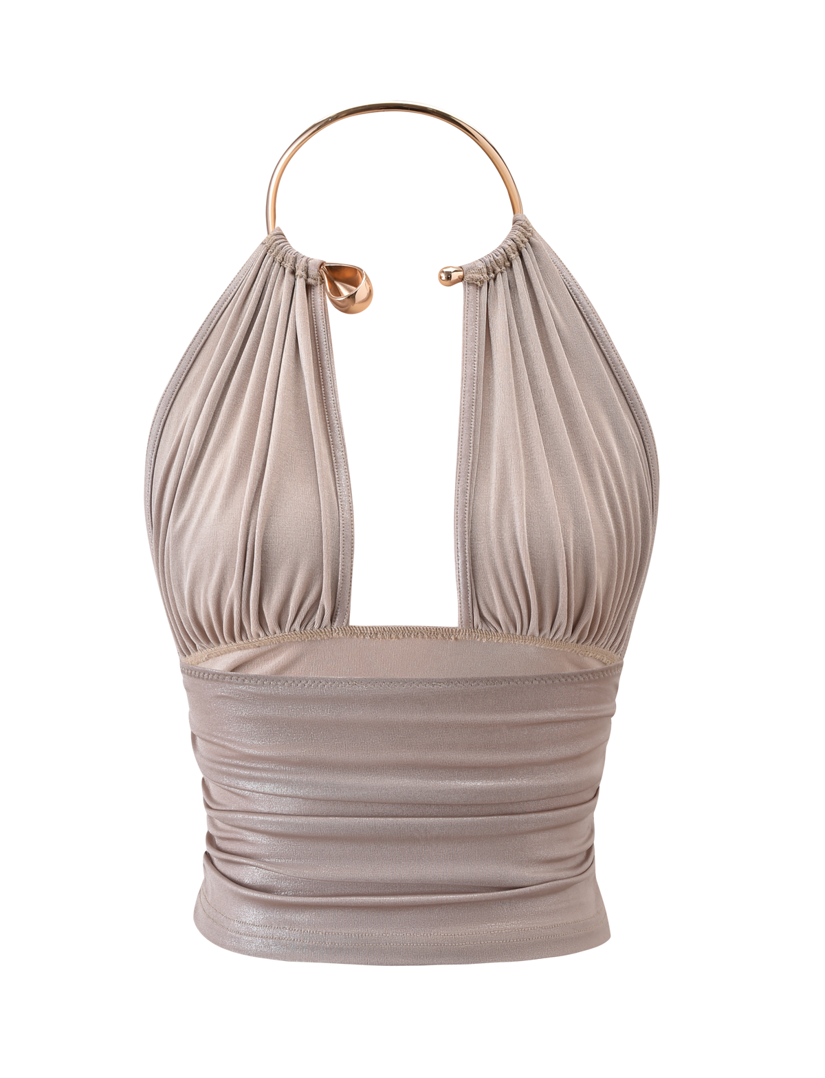 The TIGERMIST VIANNA TOP - GOLD is a taupe, sleeveless halter crop top with a plunging neckline, ruched fabric, metallic gold neck ring closure, and a chic, shiny finish. Displayed on a plain white background.