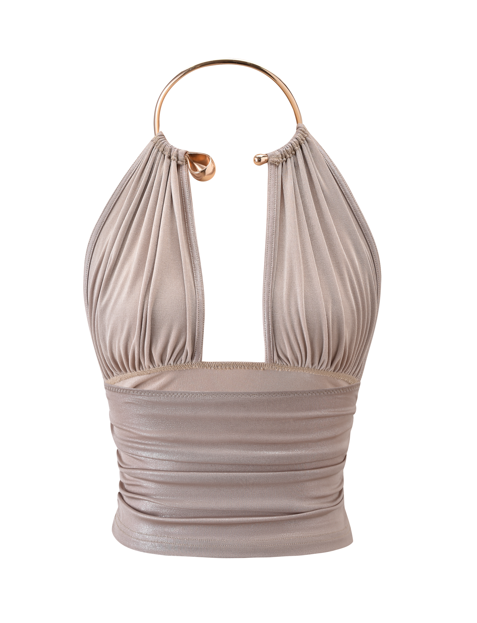 The TIGERMIST VIANNA TOP - GOLD is a taupe, sleeveless halter crop top with a plunging neckline, ruched fabric, metallic gold neck ring closure, and a chic, shiny finish. Displayed on a plain white background.
