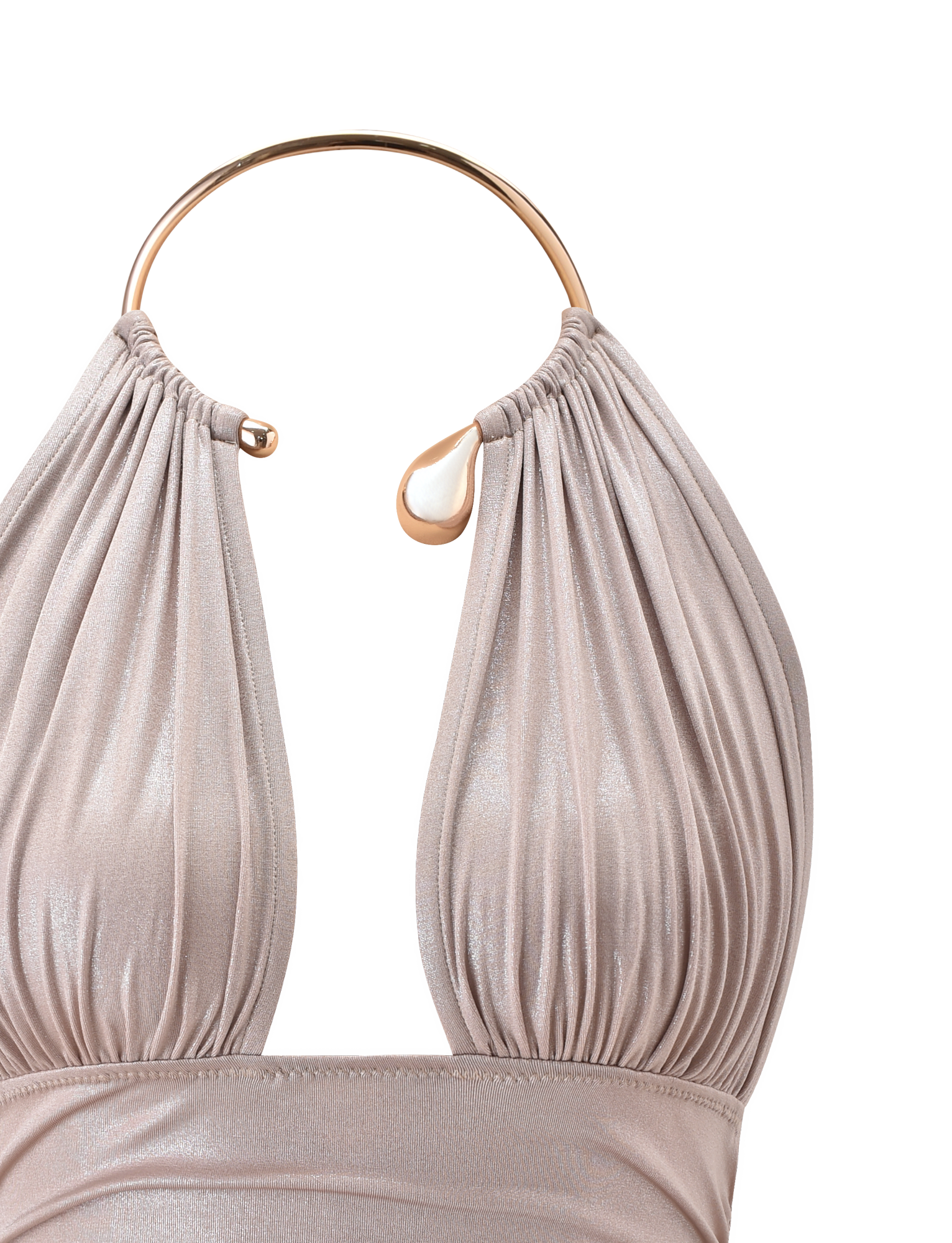 A close-up of the TIGERMIST VIANNA TOP - GOLD, featuring shimmery light taupe lamé fabric pleated at a gold metallic choker neckline, shown against a plain white background.