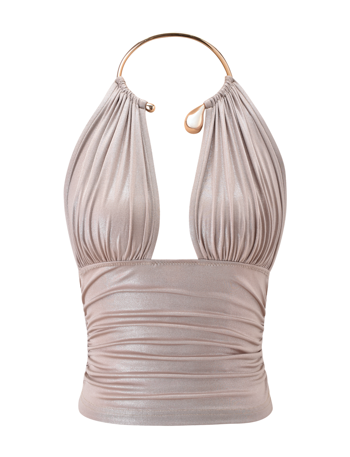 The VIANNA TOP - GOLD by TIGERMIST features a metallic gold halter design with ruched fabric, a plunging neckline, and a gold neck strap with circular hook detail.