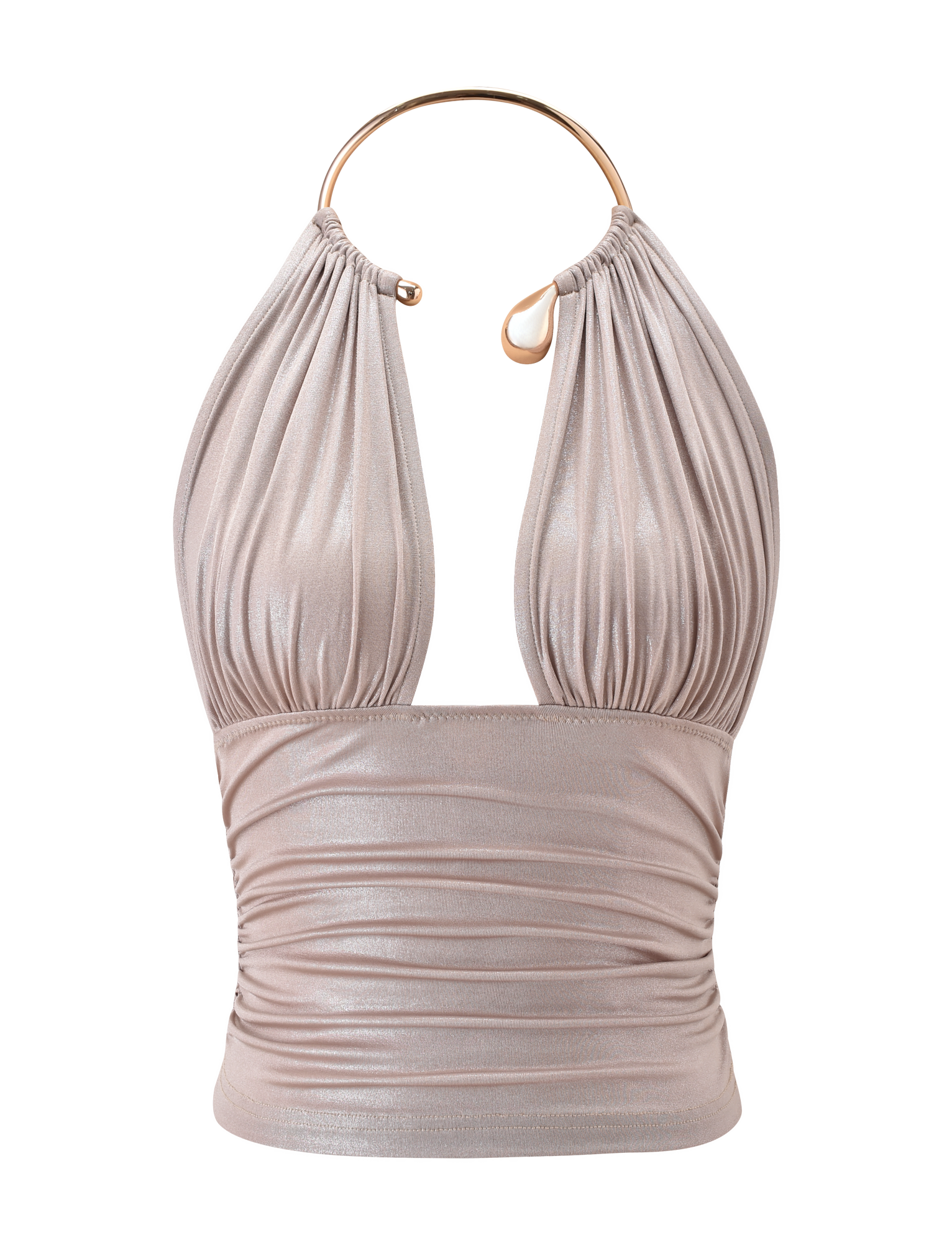 The VIANNA TOP - GOLD by TIGERMIST features a metallic gold halter design with ruched fabric, a plunging neckline, and a gold neck strap with circular hook detail.