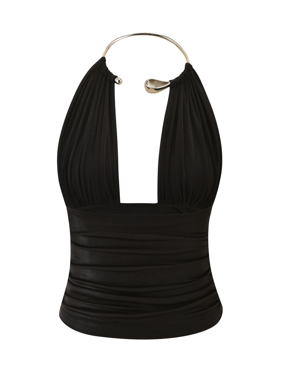 The VIANNA TOP by TIGERMIST is a sleeveless black metallic lamé top with a plunging neckline, ruched fabric, and a distinctive gold teardrop choker-style neckline with rounded ends.
