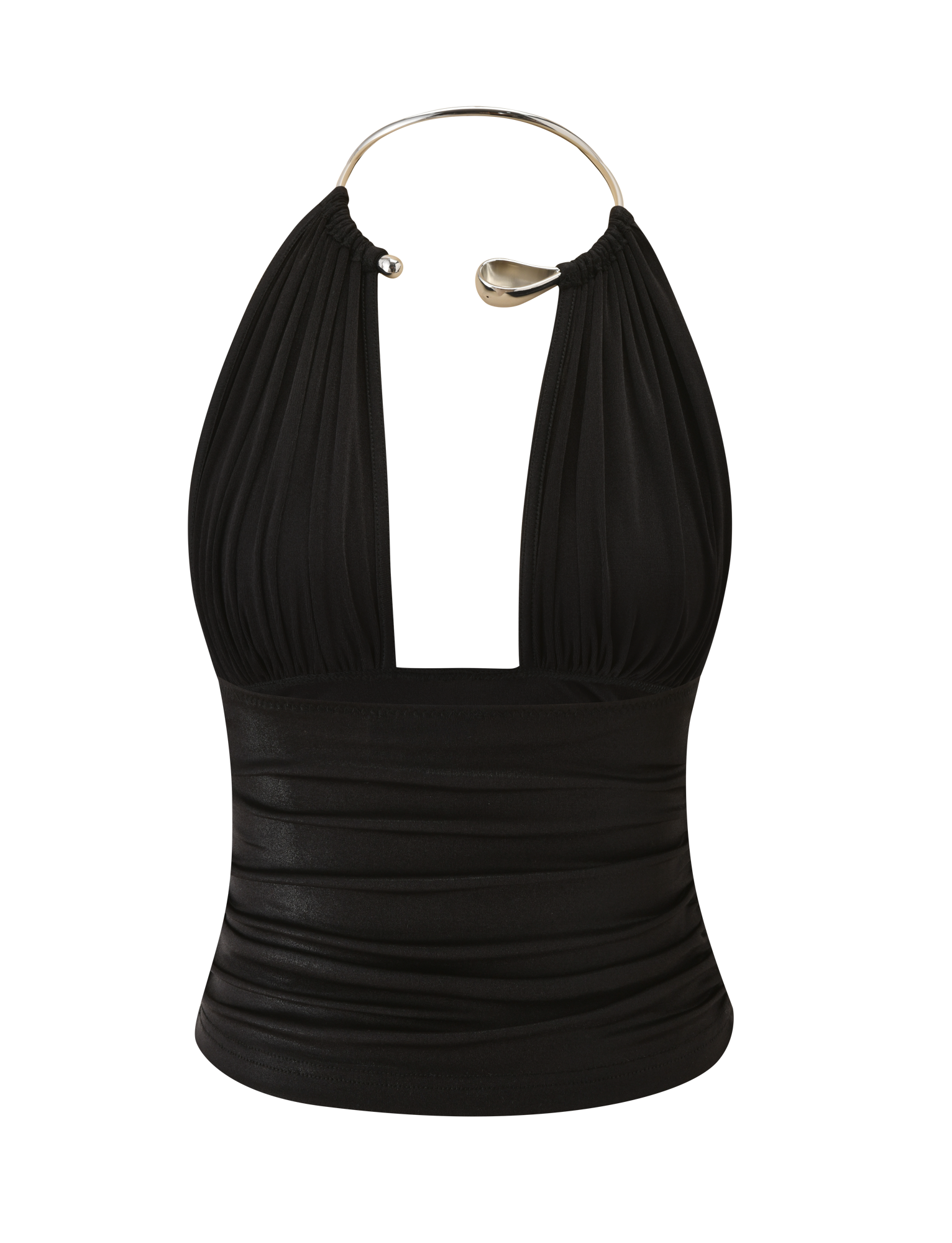 The VIANNA TOP by TIGERMIST is a sleeveless black metallic lamé top with a plunging neckline, ruched fabric, and a distinctive gold teardrop choker-style neckline with rounded ends.