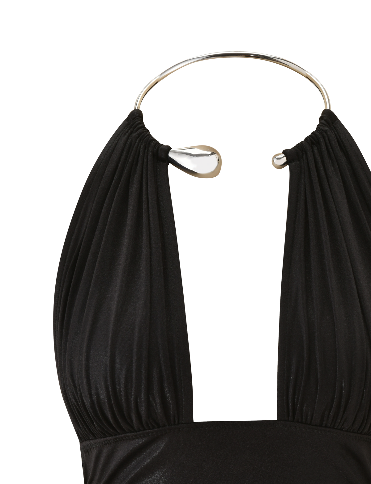 Close-up of the TIGERMIST VIANNA TOP - BLACK METALLIC, featuring pleated lamé fabric, a plunging neckline, and a silver choker with two metal loops, set against a white background.