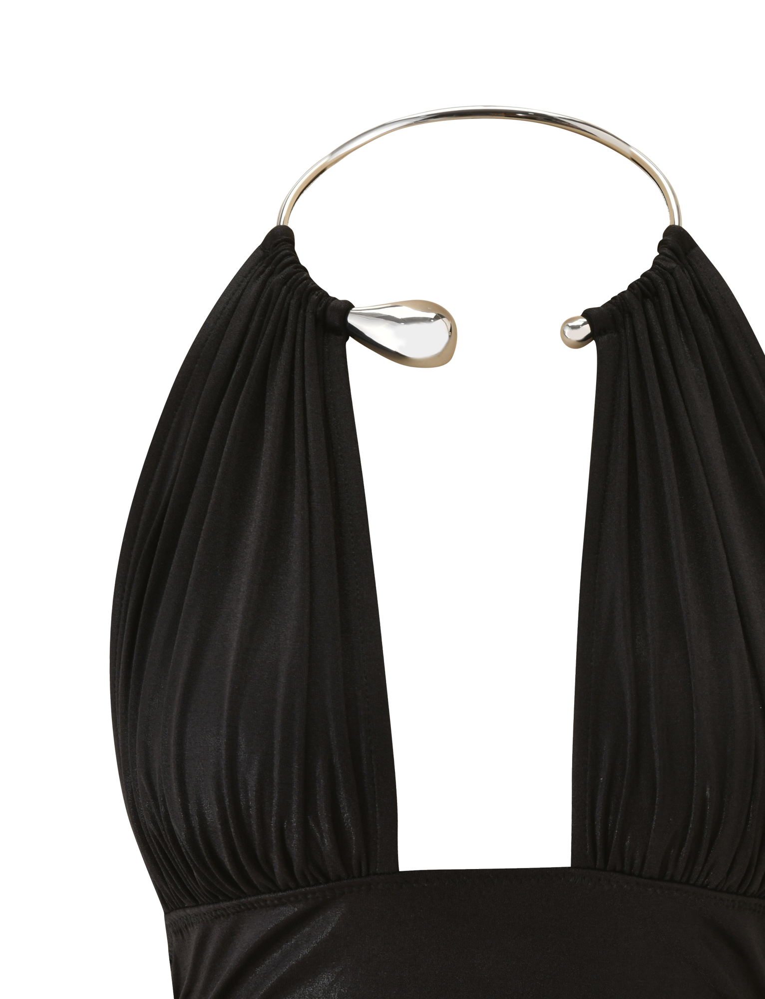 Close-up of the TIGERMIST VIANNA TOP - BLACK METALLIC, featuring pleated lamé fabric, a plunging neckline, and a silver choker with two metal loops, set against a white background.