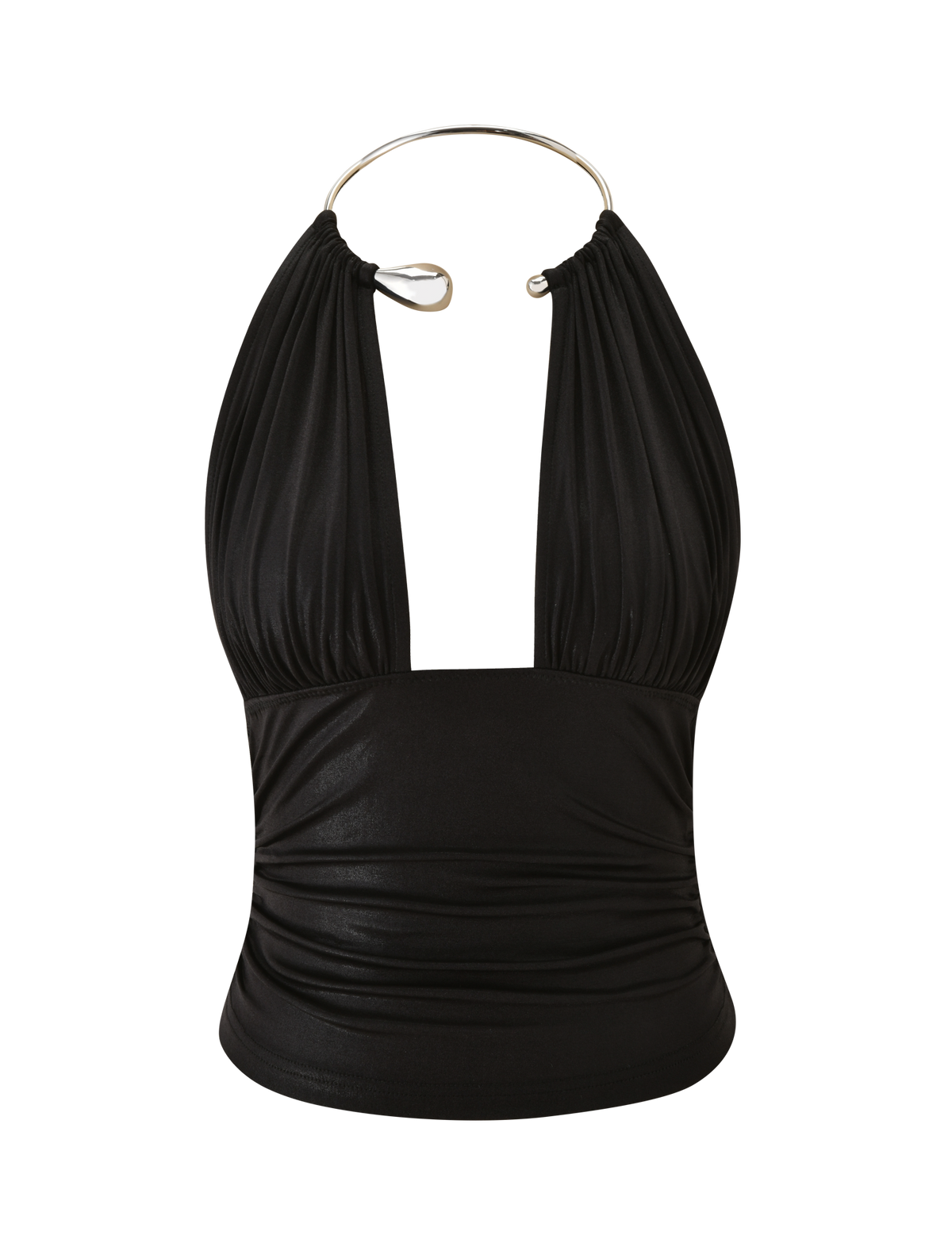 The VIANNA TOP in black metallic by TIGERMIST features a sleeveless design, plunging neckline, gathered bust detail, and a bold metallic ring collar fastening.