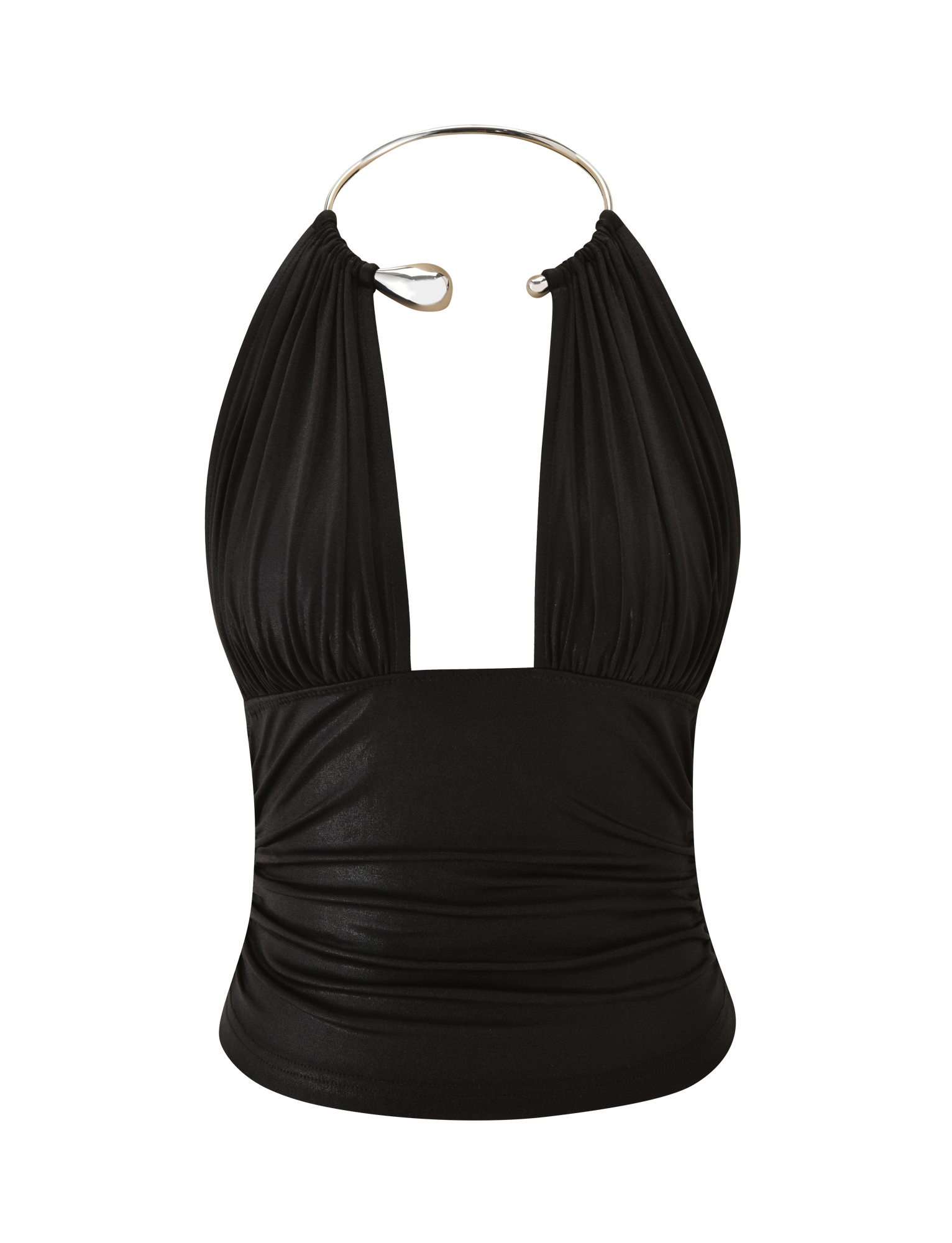 The VIANNA TOP in black metallic by TIGERMIST features a sleeveless design, plunging neckline, gathered bust detail, and a bold metallic ring collar fastening.