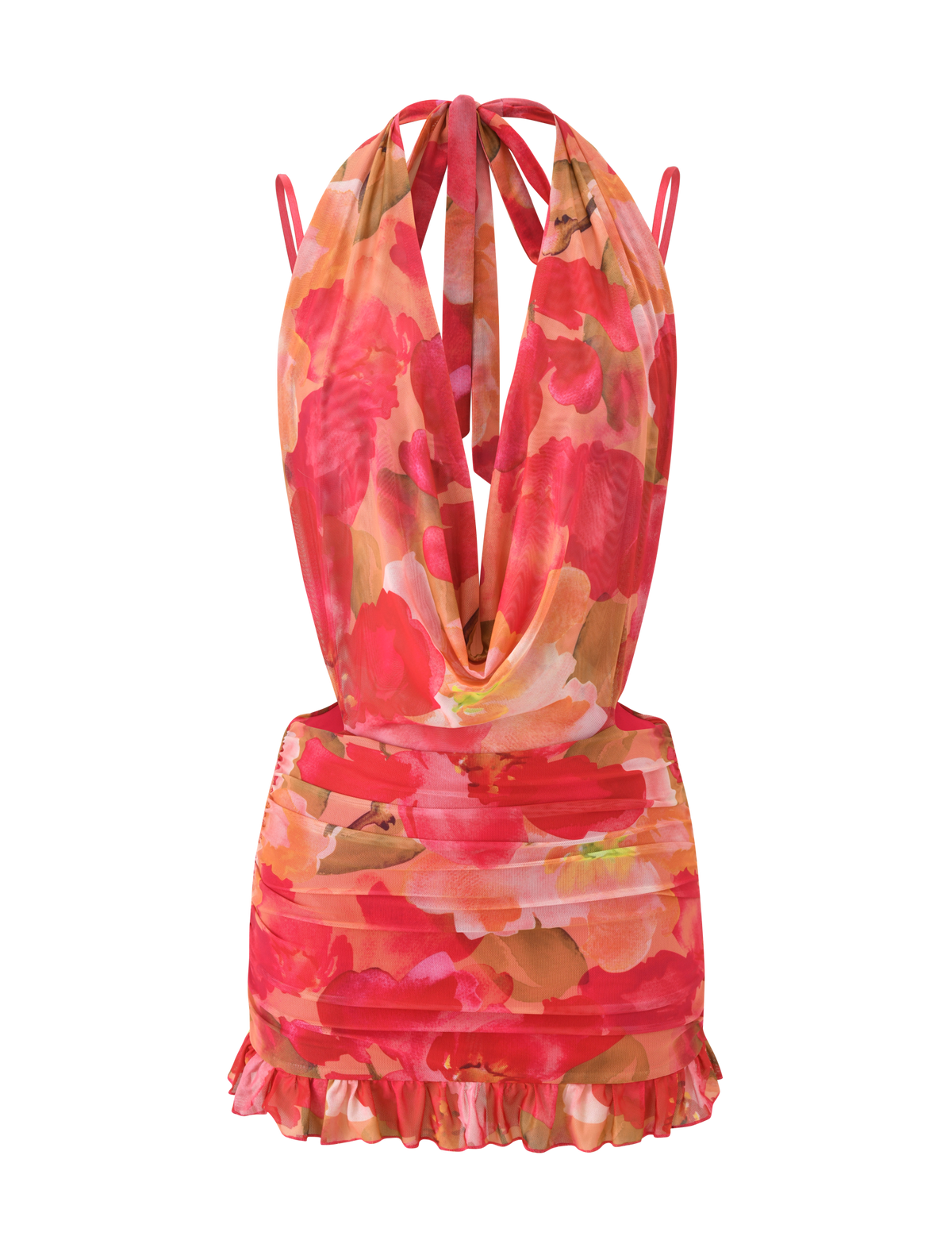 The TIGERMIST JOLIE MINI DRESS - DAIQUIRI FLORAL is a sleeveless, backless bodycon mini with a red, pink, and beige tropical print, plunging cowl neck, halter straps, waist ruching, and a ruffled hem.