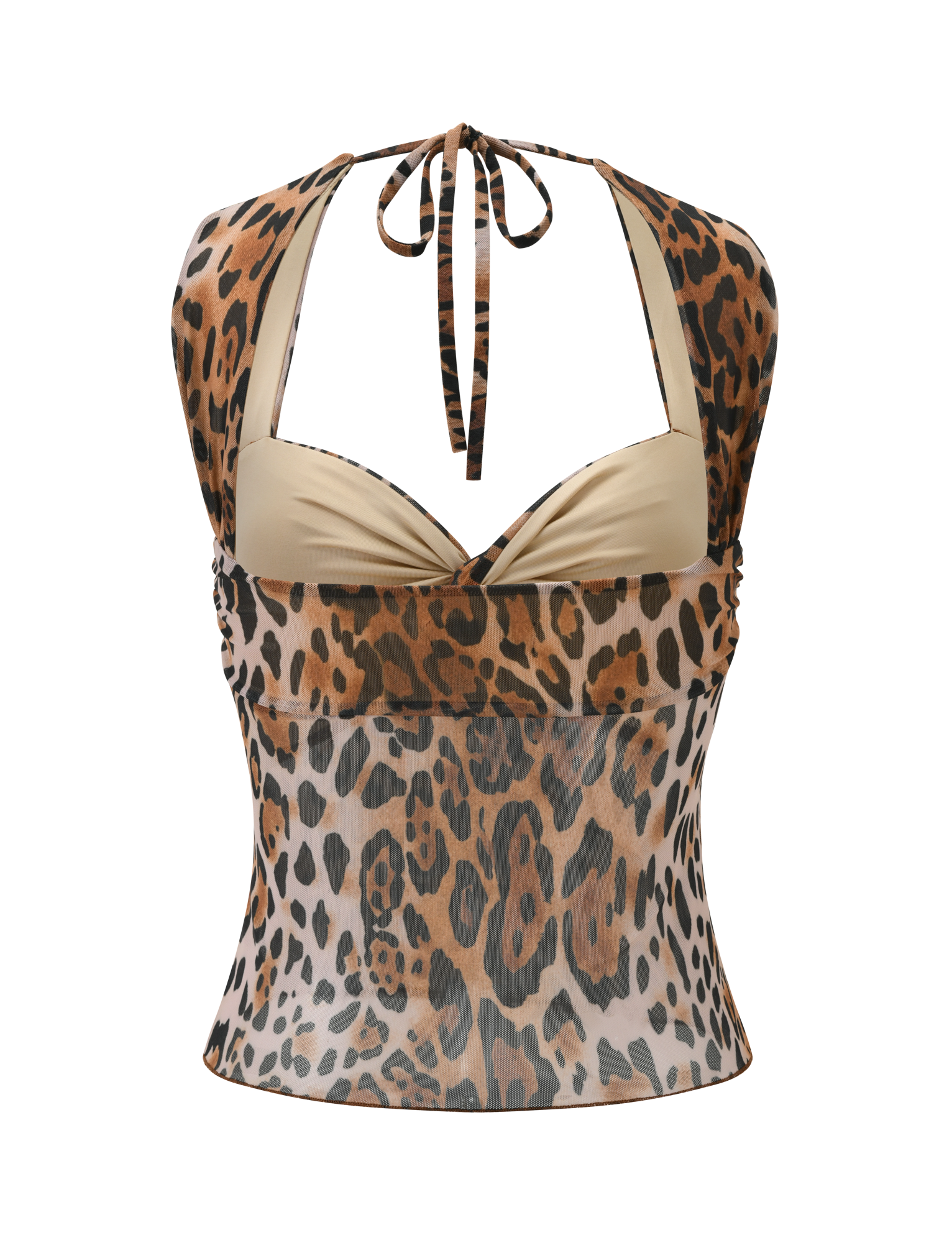 The AZALEA TWIST TOP - LEOPARD by TIGERMIST is a sleeveless, fitted halter top with a brown and black leopard print, beige bust, mesh waist panel, and neck tie.