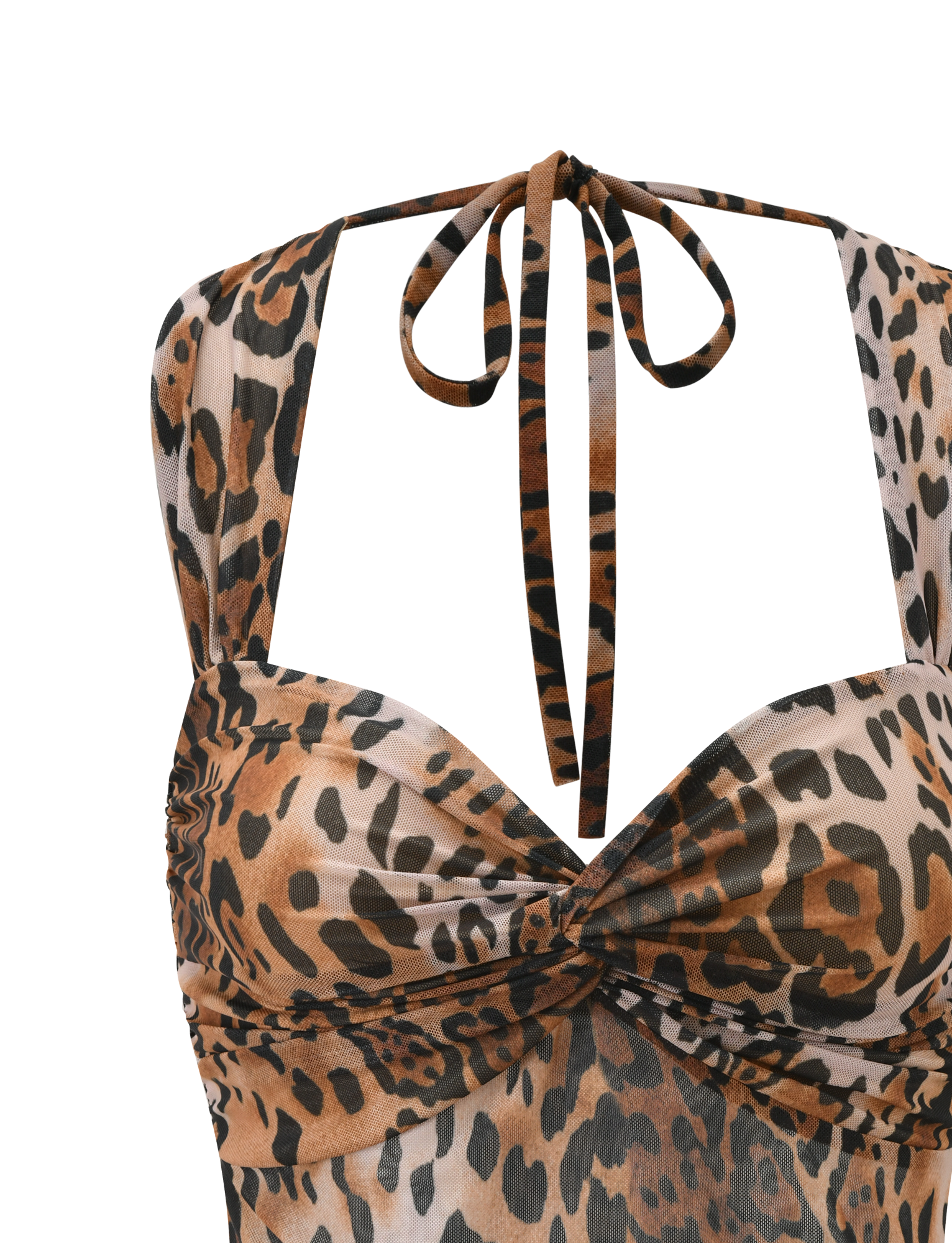 Close-up of the TIGERMIST AZALEA TWIST TOP - LEOPARD, featuring a twist front detail, mesh waist panel, thin neck-tied straps, and brown, black, and beige leopard print.
