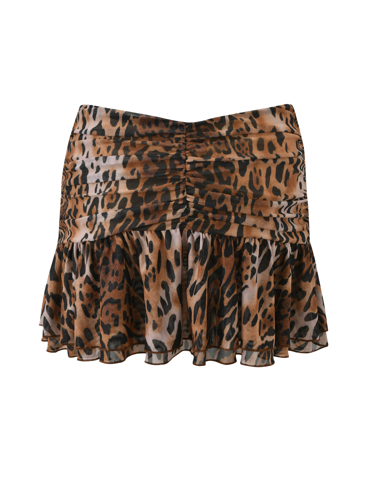The AZALEA TWIST MINI SKIRT - LEOPARD by TIGERMIST features a leopard print, ruched front, ruffled details, and a tiered flounce hem for stylish movement.