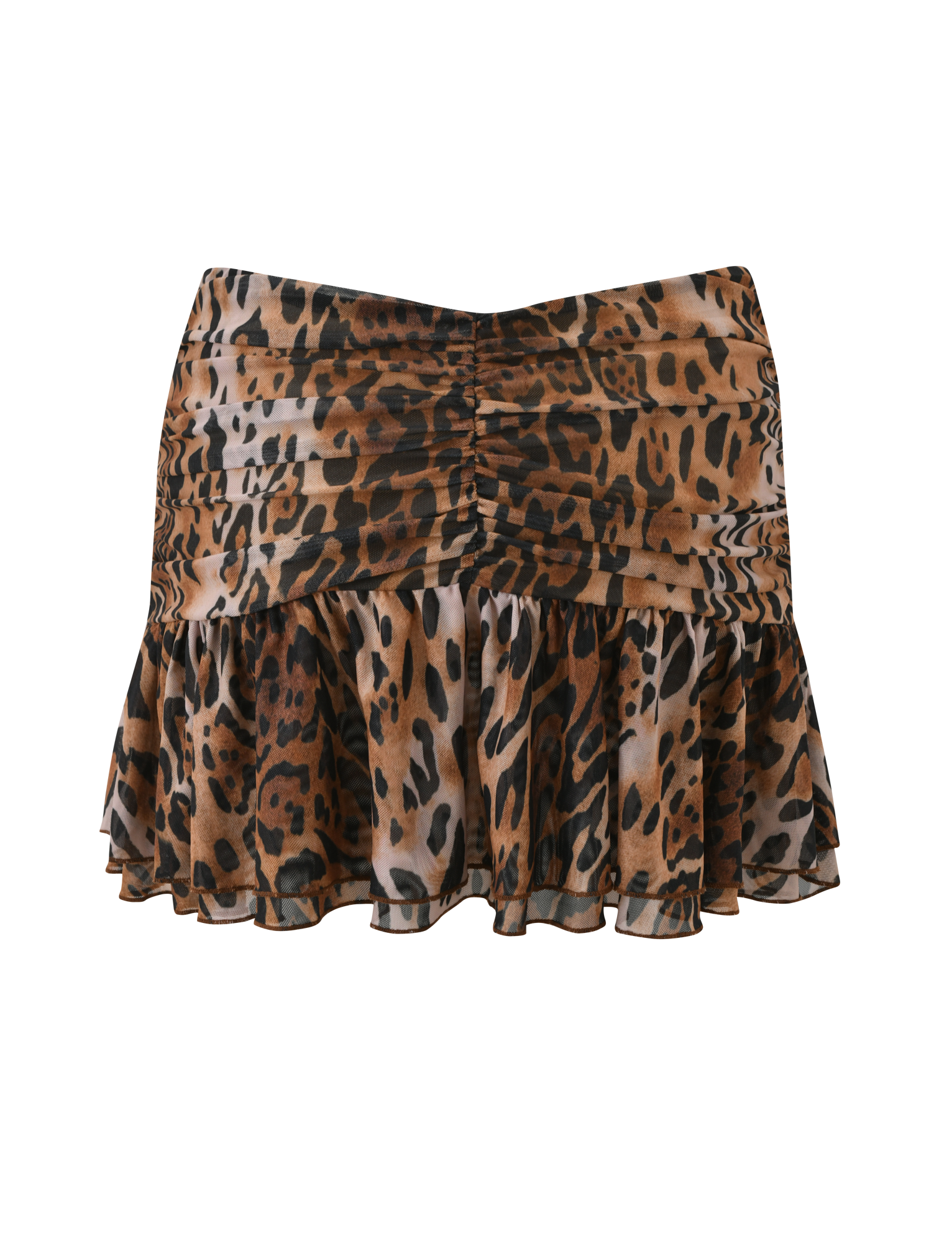 The AZALEA TWIST MINI SKIRT - LEOPARD by TIGERMIST features a leopard print, ruched front, ruffled details, and a tiered flounce hem for stylish movement.