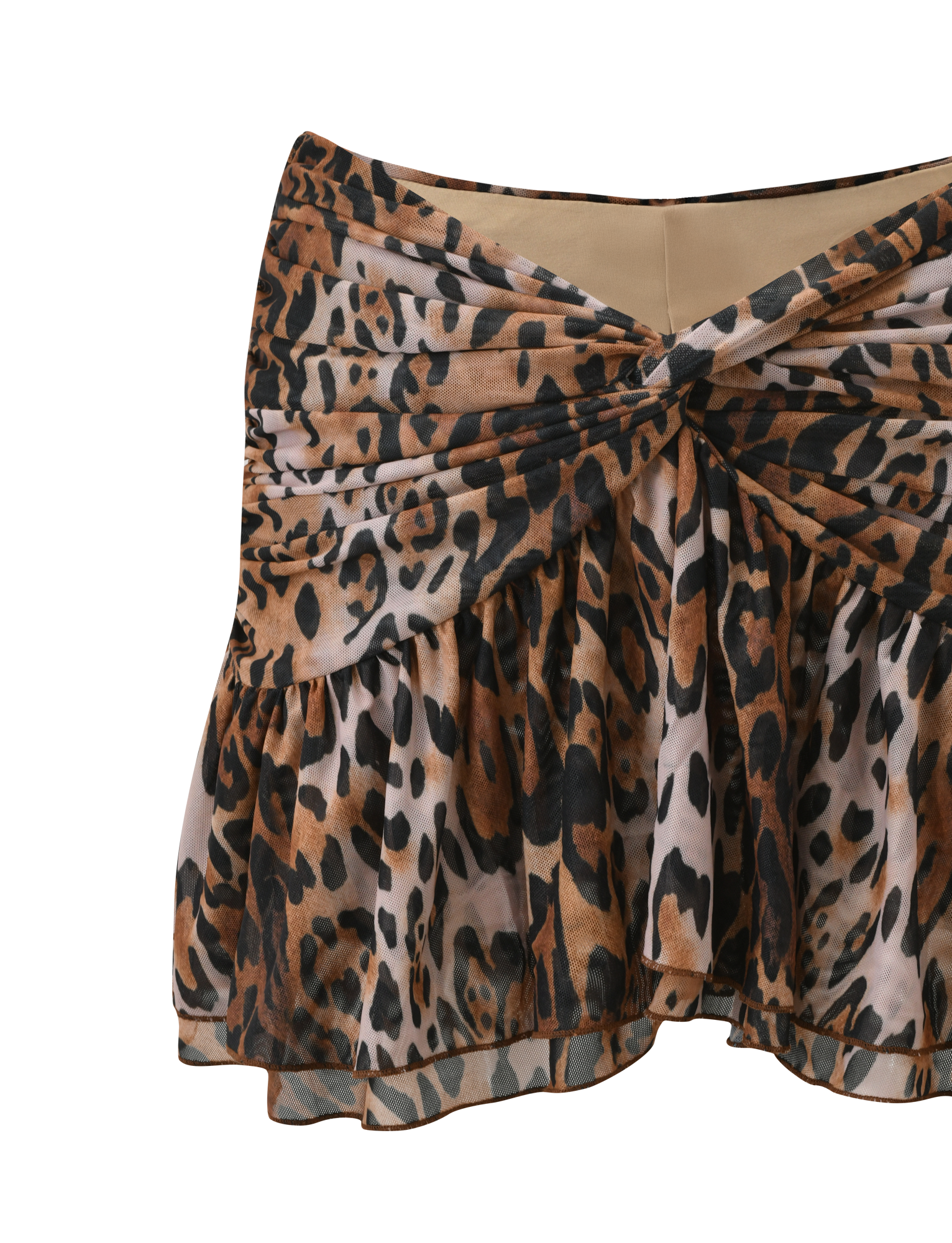 The TIGERMIST AZALEA TWIST MINI SKIRT - LEOPARD features a brown, tan, and black leopard print with a front twisted knot detail and a tiered flounce hem for playful movement.