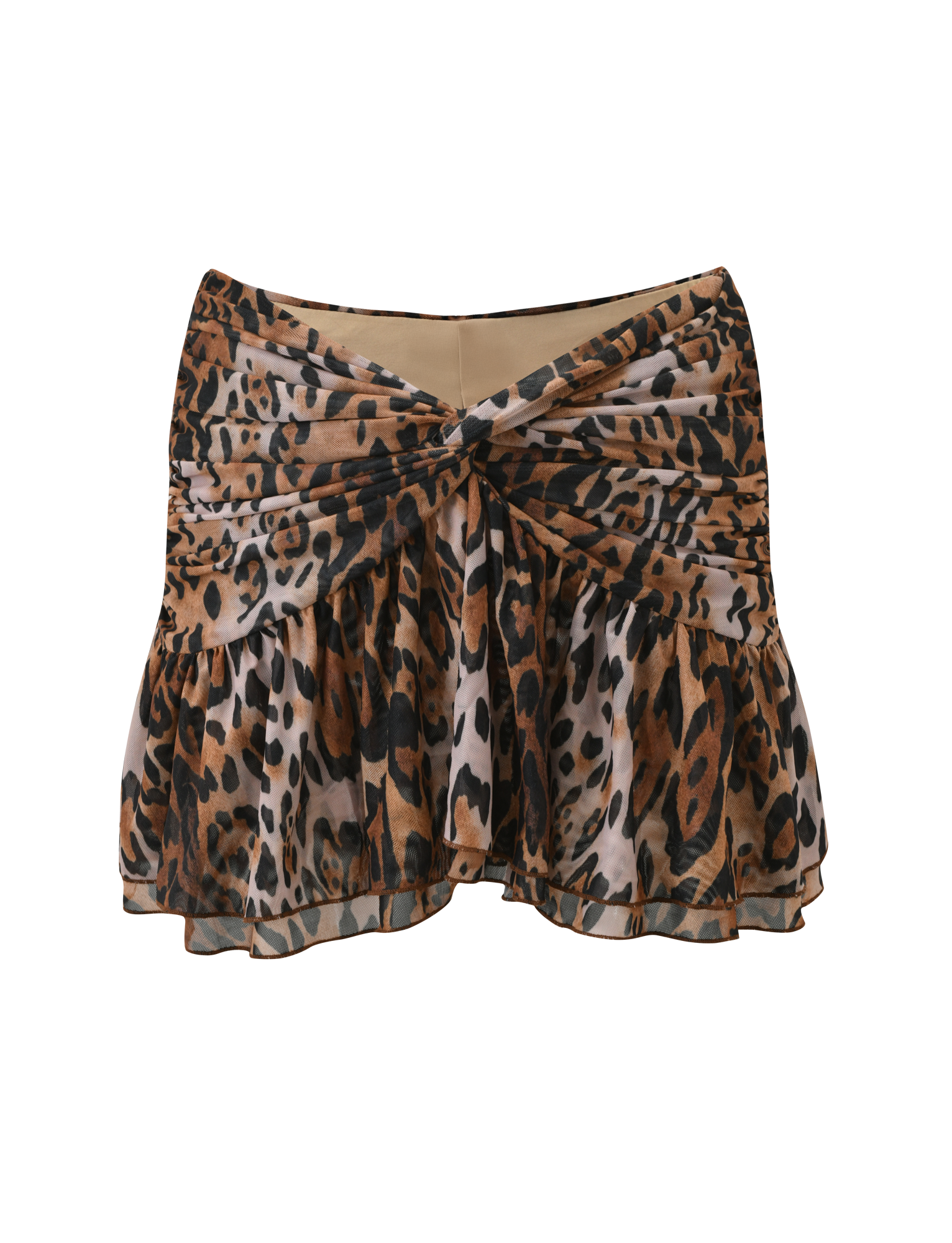 The AZALEA TWIST MINI SKIRT - LEOPARD by TIGERMIST features a ruched, twisted waistband, tiered flounce hem, and a brown, black, and tan leopard print, shown on a plain white background.