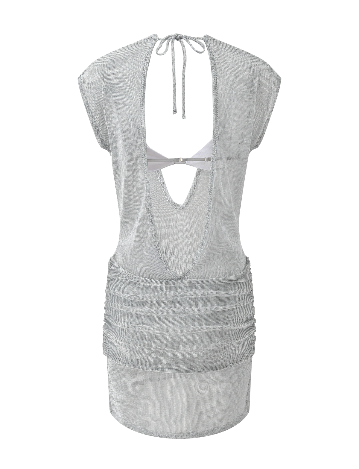 The ZOSIA MINI DRESS by TIGERMIST features a sheer silver knit, open back, cap sleeves, plunging neckline, ruched hips, twisted drop waist accents, and a thin tie neck closure.